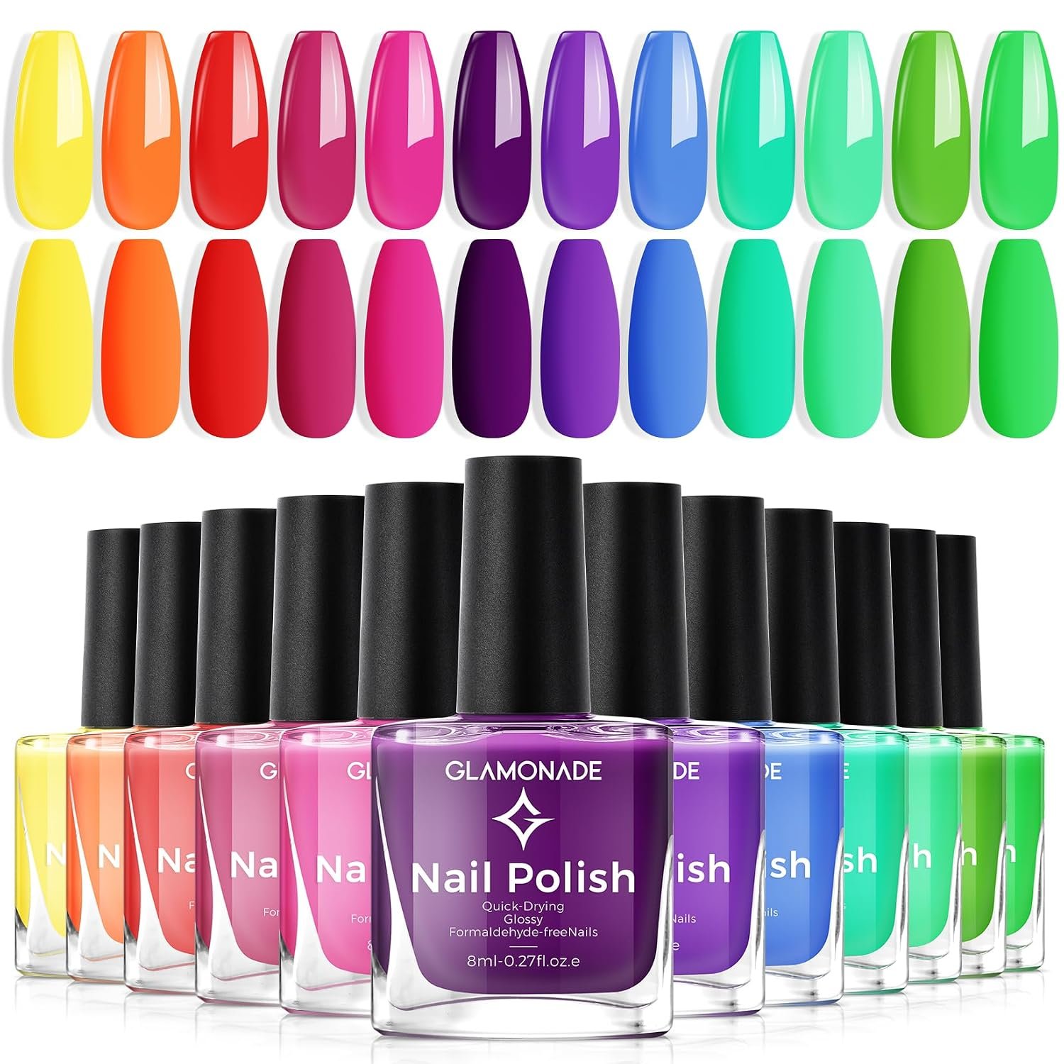 Glamonade Bright Nail Polish Set: 12 Colors Rainbow Summer Long Lasting