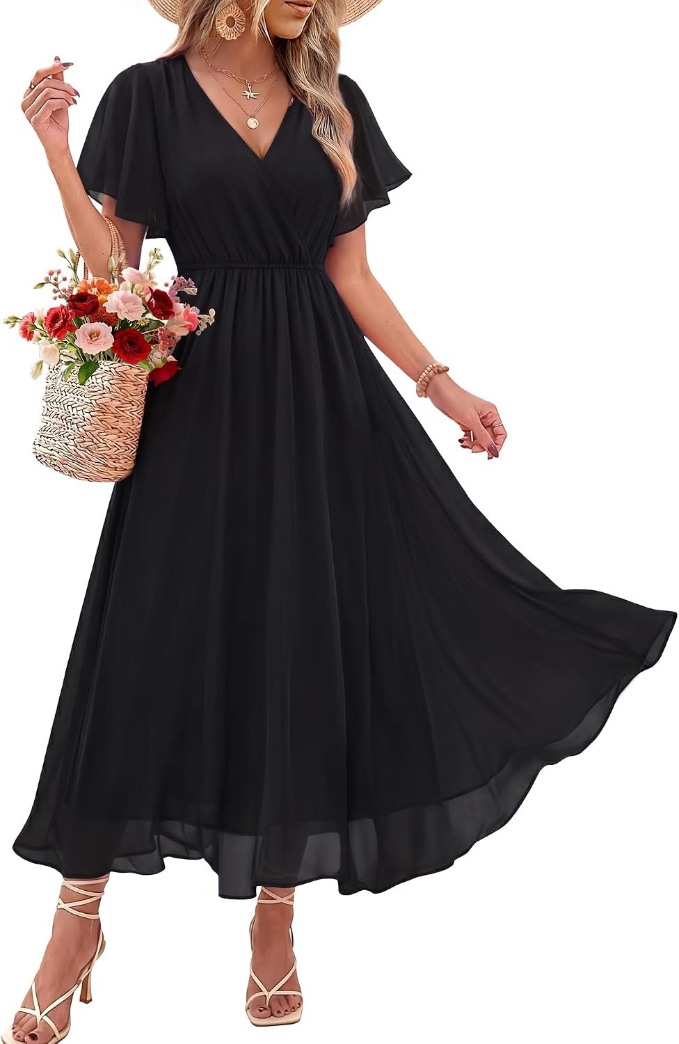 Bebonnie Womens Summer Wrap V Neck Short Sleeve Flowy Layers Chiffon Wedding Guest Maxi Dresses