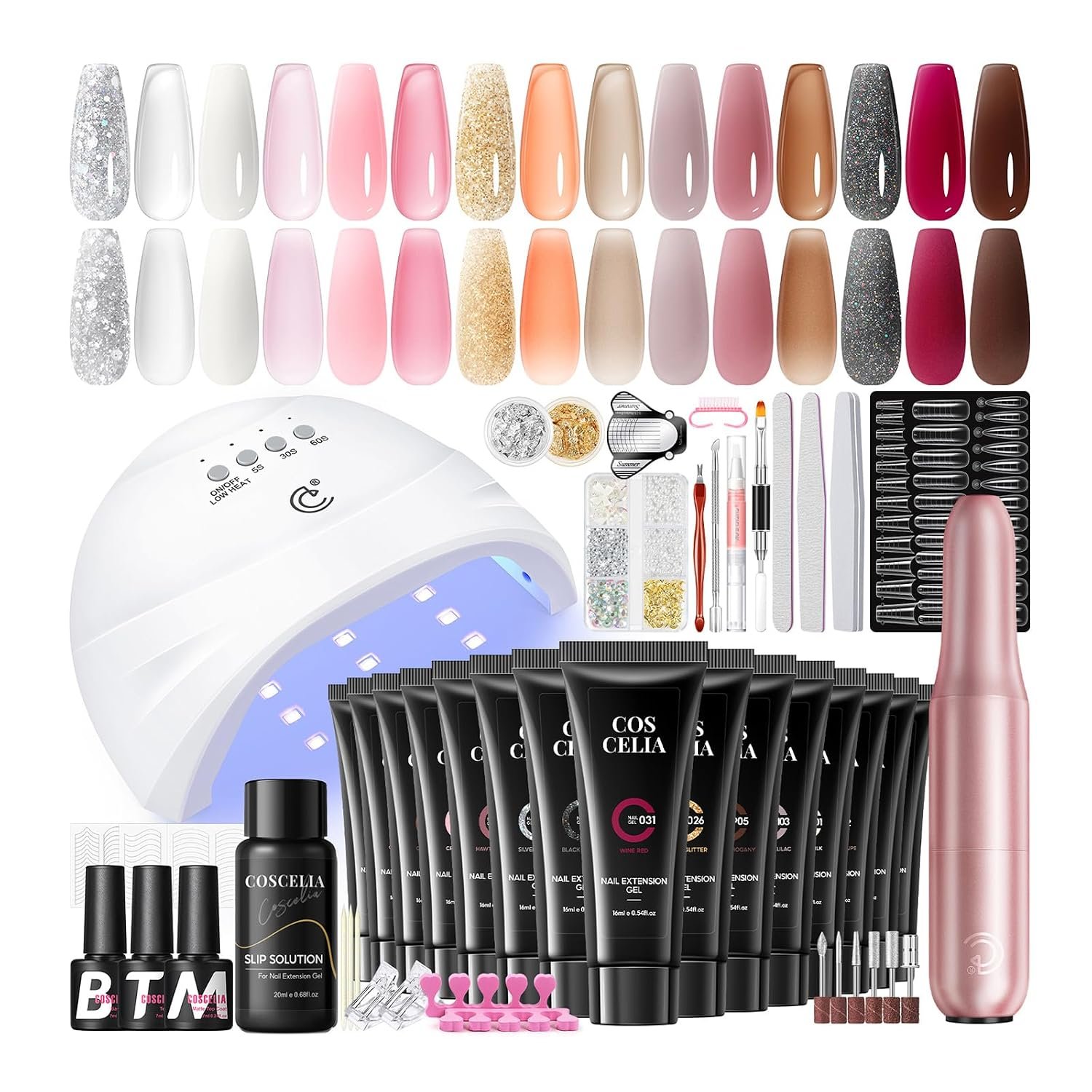COSCELIA Poly Nail Gel Extension Kit with U V Light,Nail Drill,15 Colors