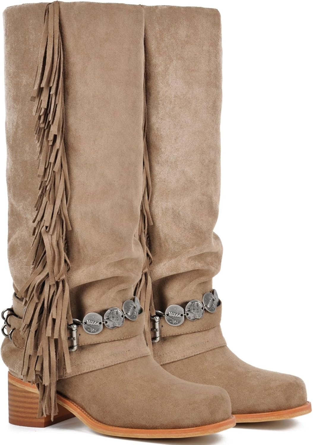 KISTANIA Women’s Knee High Riding Boots with Fringes Buckle Straps Chunky Heel Square Toe Fold-Over