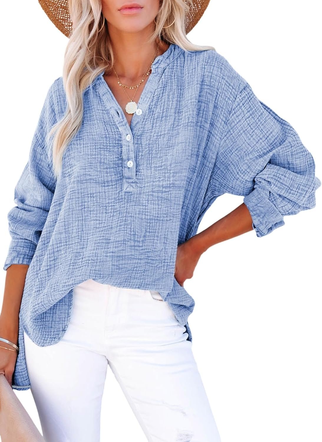 Dokotoo Long Sleeve Shirts for Women Casual V Neck Oversized Blouses Tops | Fall Outfits for Women, Button Down, Soft Lightweight Cotton Fabric, Solid Loose Tops, 3/4 Sleeve Roll Up, Boyfriend Shirts