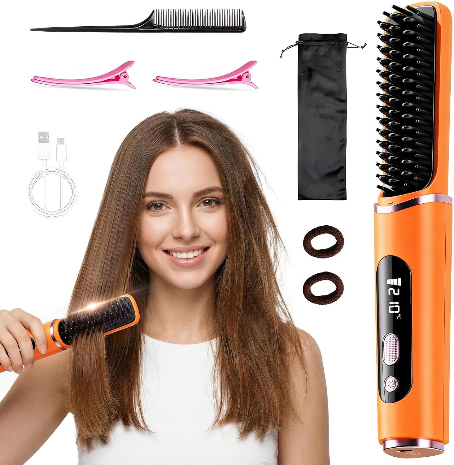 Cordless 2 in 1 Ceramic Travel Hair Straightener Brush
