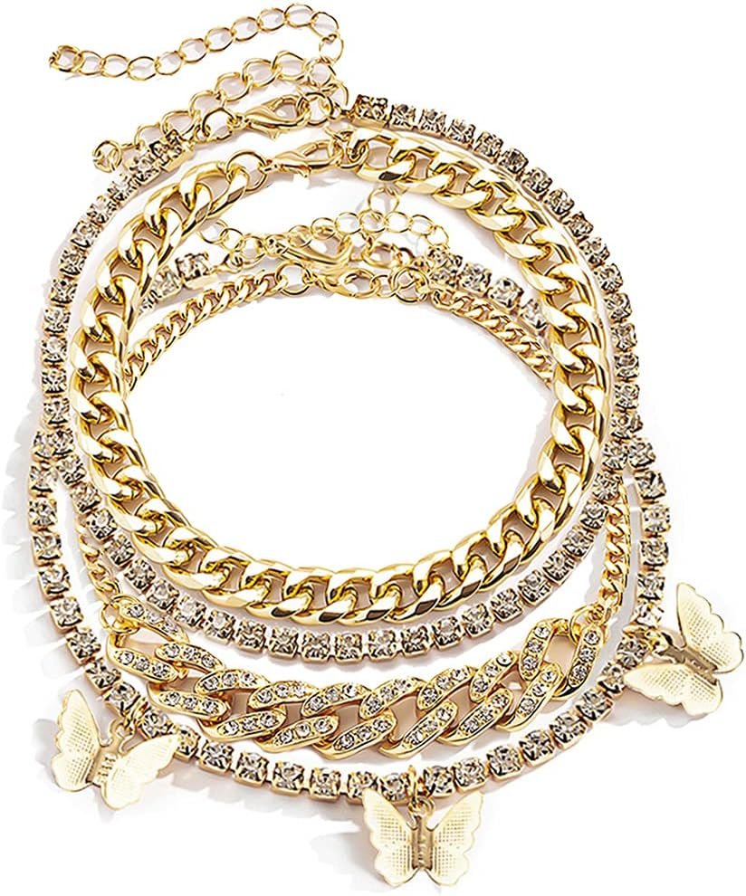 Layered Butterfly Anklet for Women Charms Butterfly Gold Plate Silver Plate Rhinestone Cuban Anklets Adjustable Anklet for Summer Beach