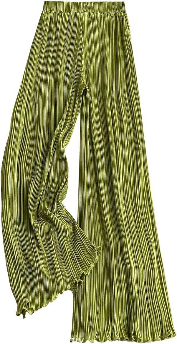 Satin Silk Pants for Women Casual Flowy Palazzo Wide Leg Pleated