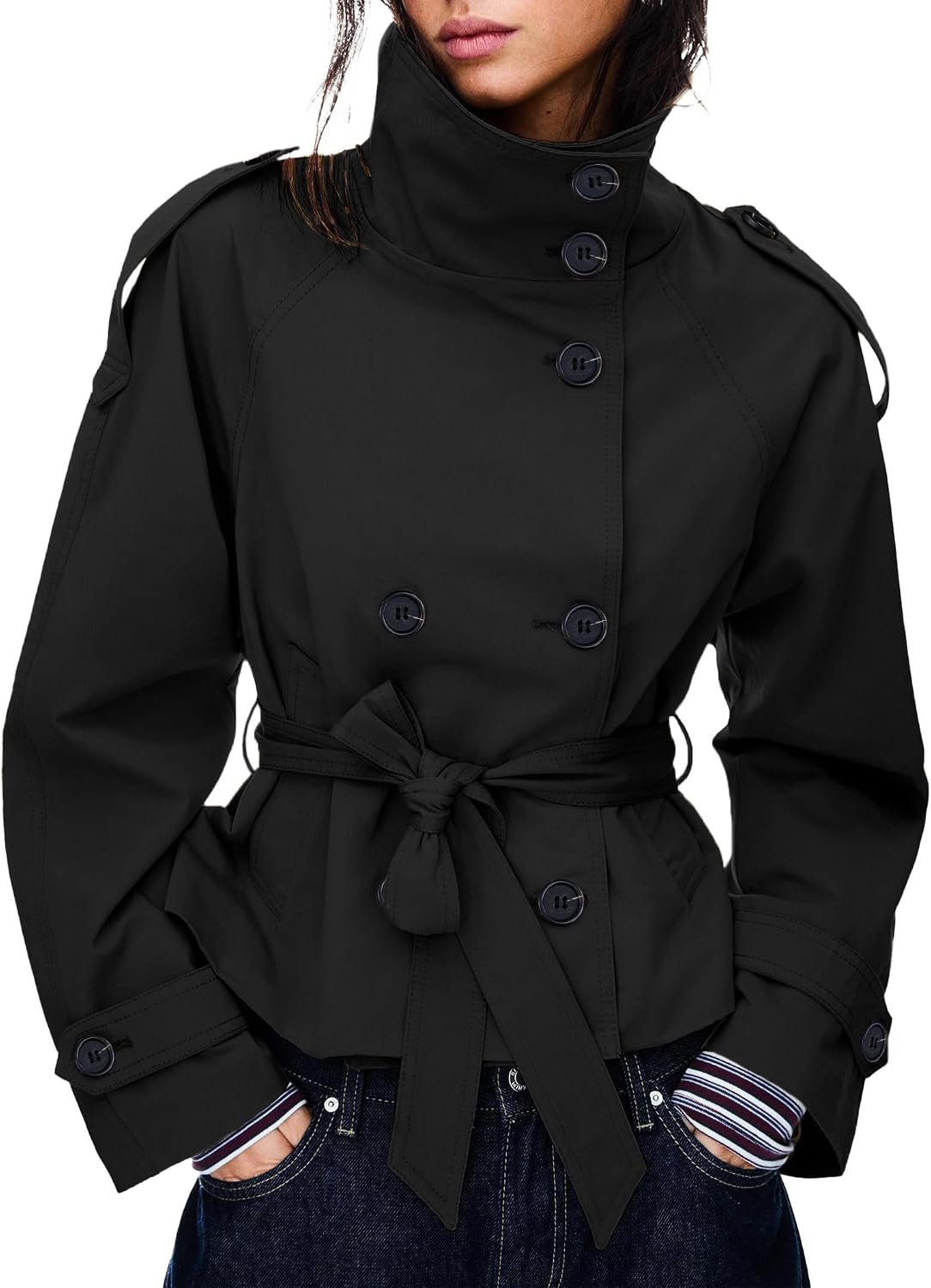 Women’s Cropped Trench Coat Double Breasted Short Jacket High Collar Fall Winter Coats Trendy Outfit with Belt