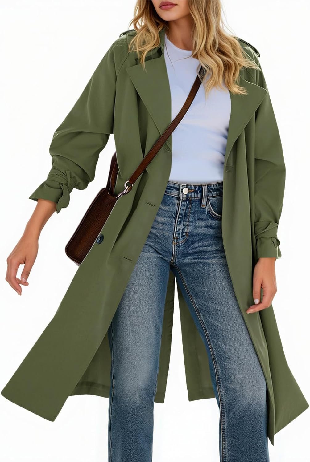 Tankaneo Womens Long Trench Coat Double Breasted Notch Lapel Overcoat | Oversized Fit with Belt, Lightweight And Windproof, Side Pockets, Spring, Fall Rainy Days