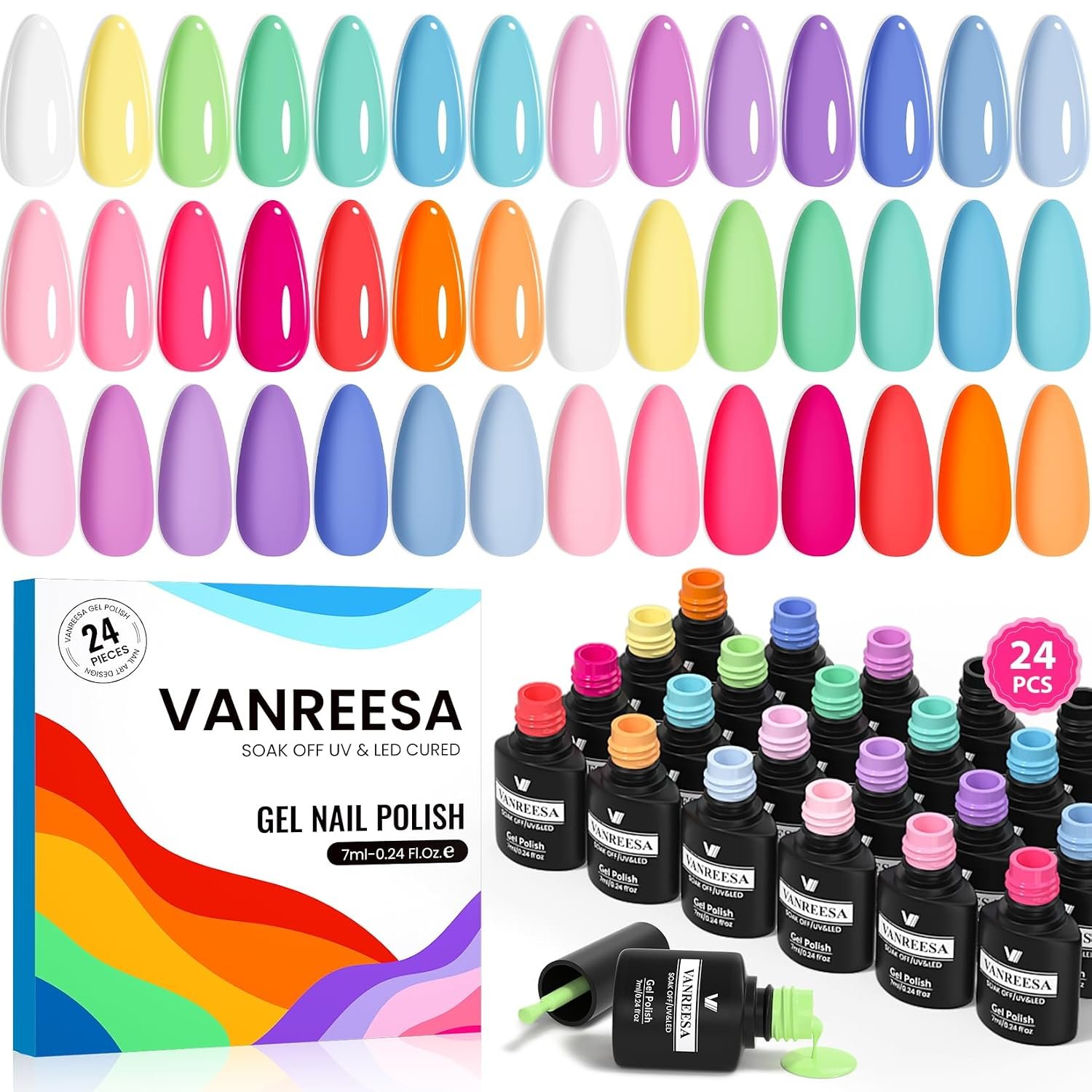 VANREESA 24 Pcs Pastel Gel Nail Polish Set, 21 Colors Spring & Summer Gel Polish with Base Coat Glossy & Matte Top Coat Yellow Green Blue Pink Purple Orange Gel Polish Kit Nail Kit Gifts for Women