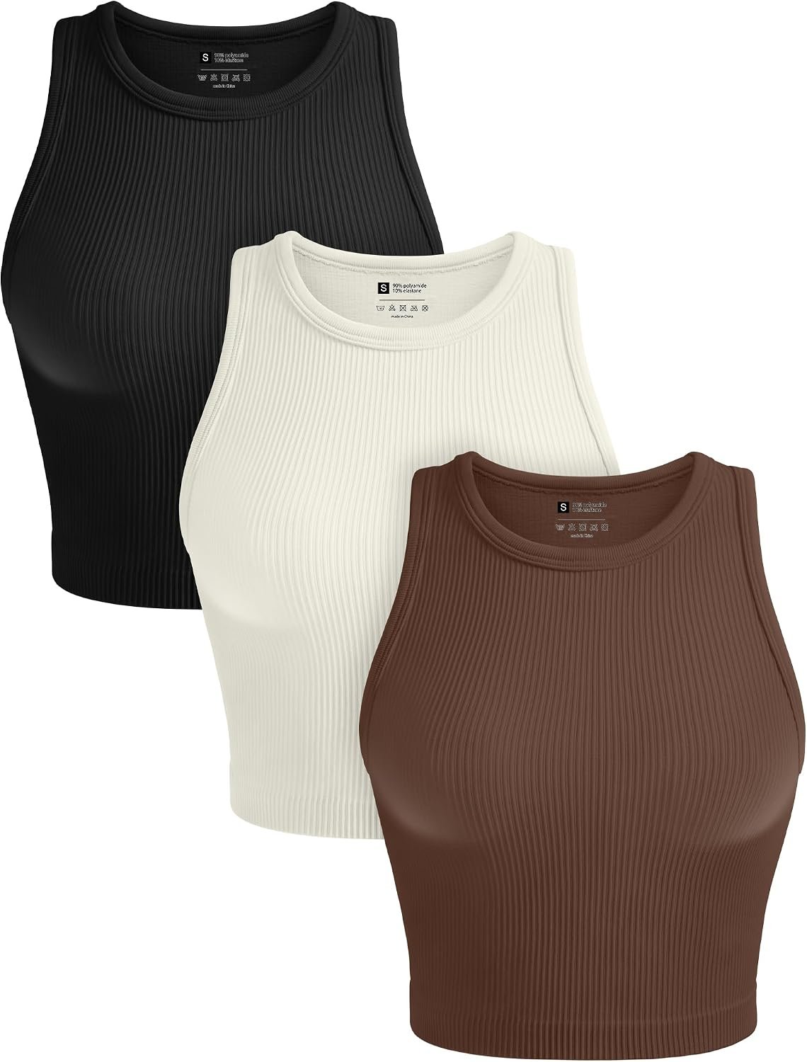 OLCHEE Womens 3 Pack Crop Tank Tops Basic Seamless Ribbed Round High Neck Racerback Workout Top Summer Causal Yoga Gym Shirts