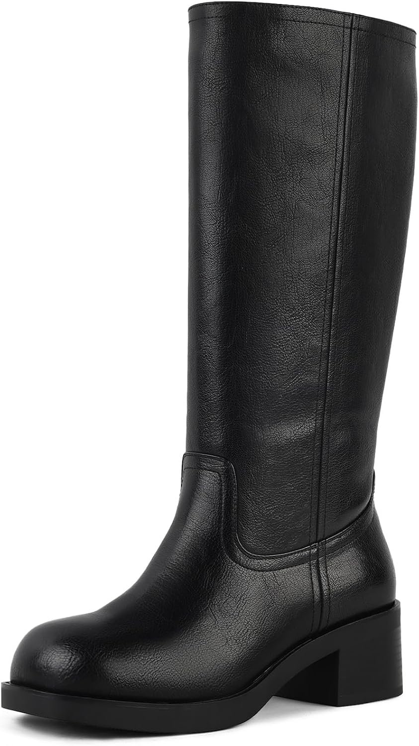FancyQueen Black Knee High Boots Women Banana Campus Square Toe Fall Boots