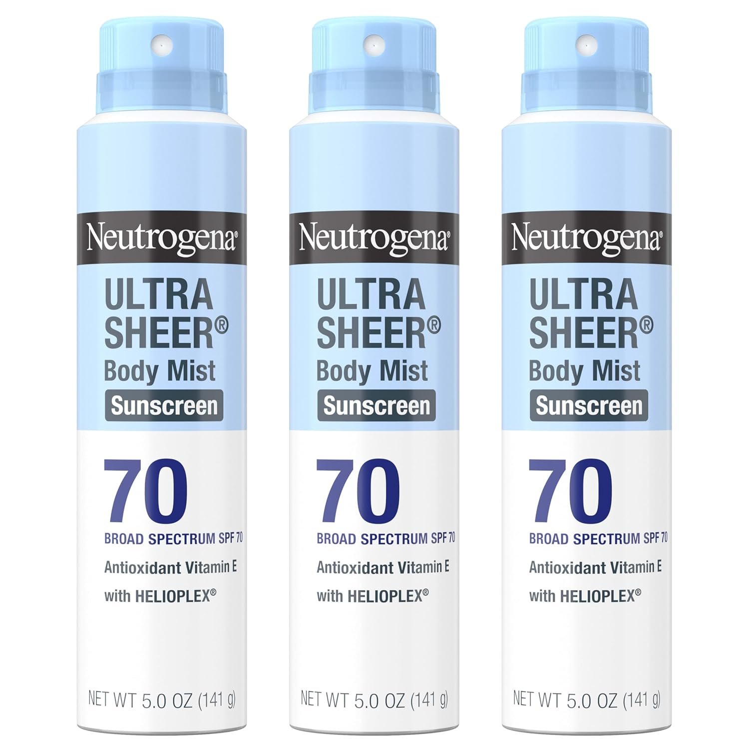 Neutrogena Ultra Sheer Dry Touch Sunscreen Spray, SPF 70, 3 x 5 oz | Broad Spectrum UVA/UVB Protection, Lightweight Spray, Water-Resistant up to 80 Minutes, PABA-, & Oxybenzone-Free