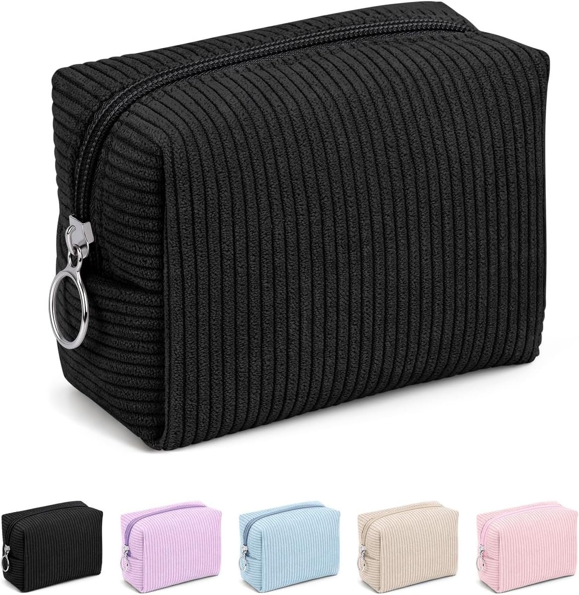 MAGEFY Corduroy Makeup Bag – Small Travel Cosmetic Pouch for Women, Portable Mini Zipper Purse with Everyday Essentials for Office, or Trip (Black)