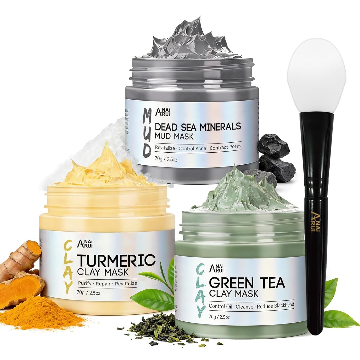 ANAI RUI 3-Pcs Face Mask Set -Turmeric, Green Tea, Dead Sea 2.5 oz Each