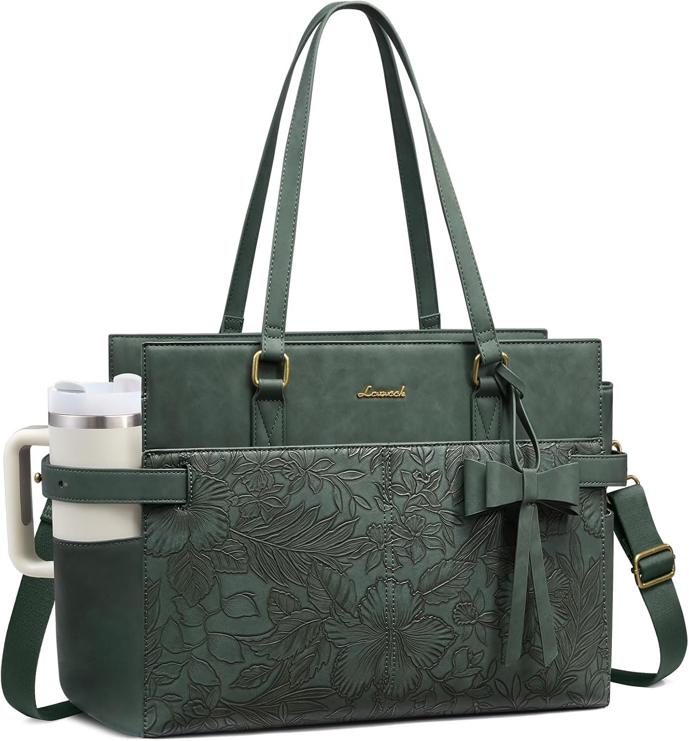 LOVEVOOK Laptop Bag for Women, Work Tote Computer Purse for Office Teacher | Large Capacity, Waterproof PU Leather, Fits 15.6/17.3 Inch Laptop, Large Cup Holder, with Luggage Strap, Business Briefcase