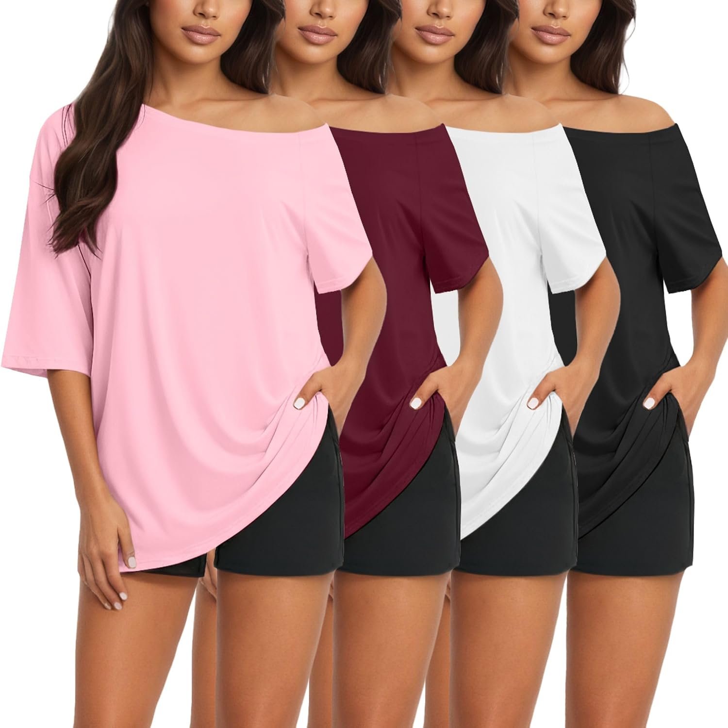 Siimcuzy 4 Pack Off the Shoulder Tops Oversized Summer Tshirts for Women | Short Sleeve, Basic Fashion Clothes, Soft Workout Gym Tees, Casual y2k Going Out Tops, Flowy Baggy Shirts, 2026