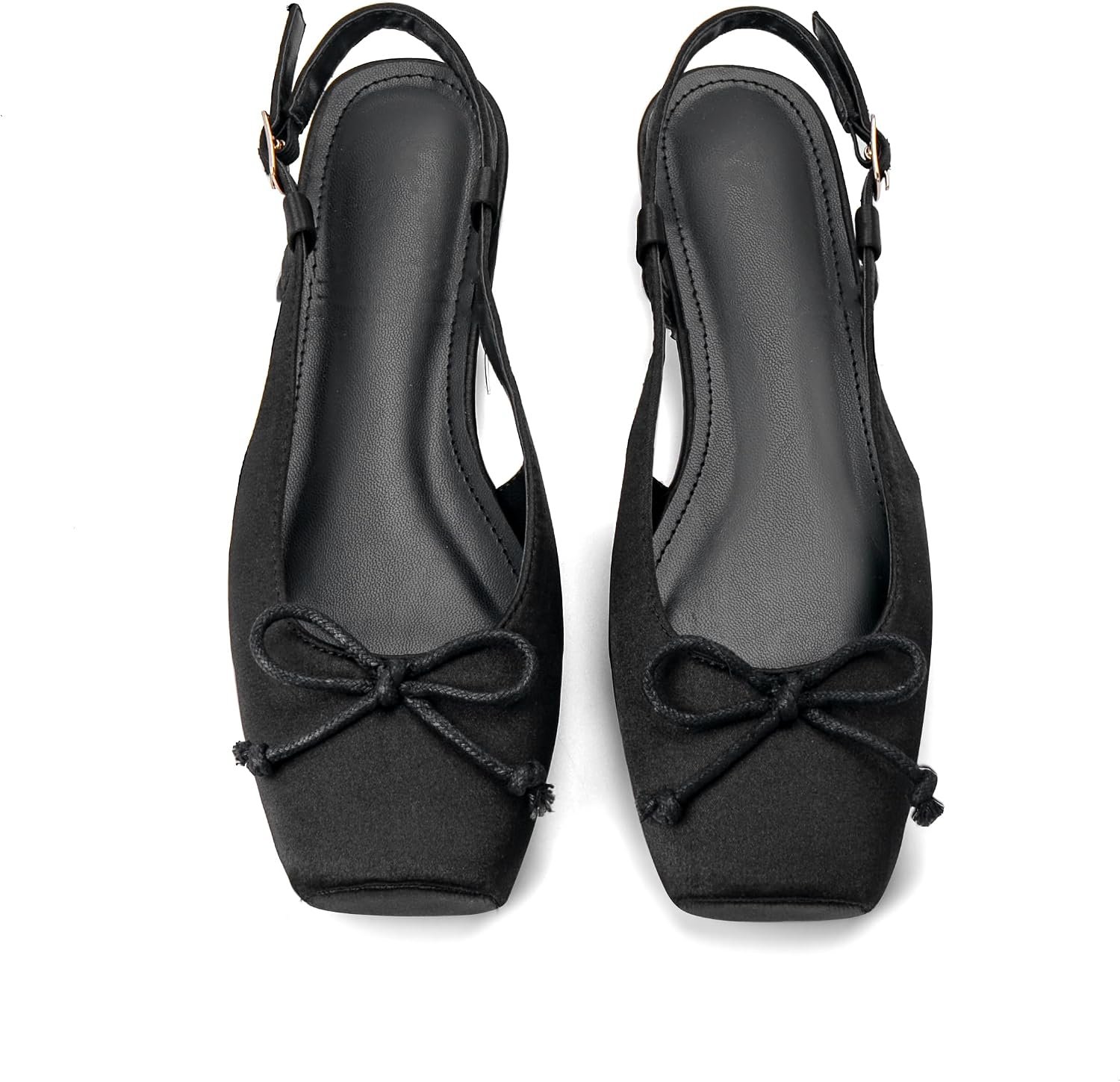 Women’s Ballet Flats Slingbacks Square Toe Bow Knit Dressy Flat Shoes with Ankle Buckles Satin