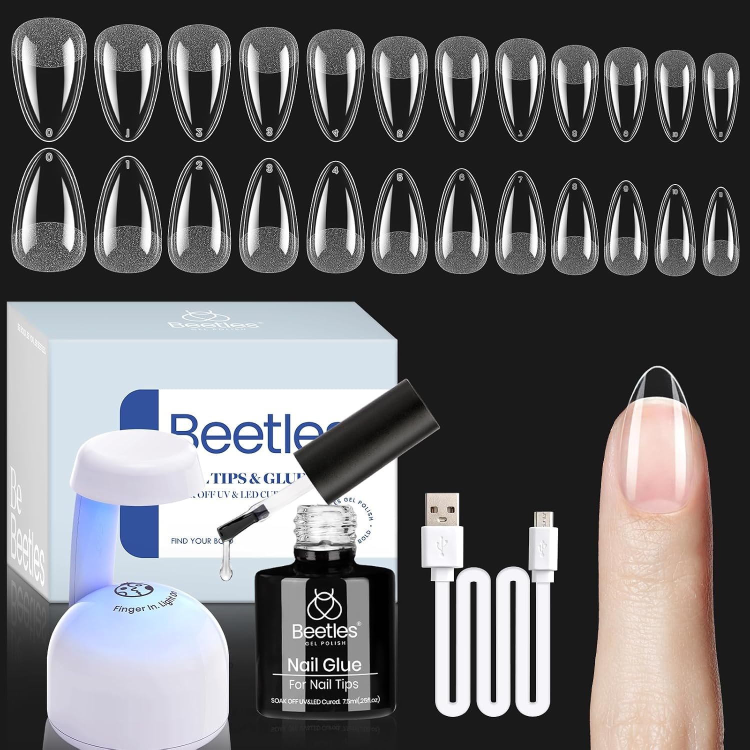 Beetles Gel Nail Kit Etch-X, Almond Short, 504pcs 12 Sizes Nail Tips
