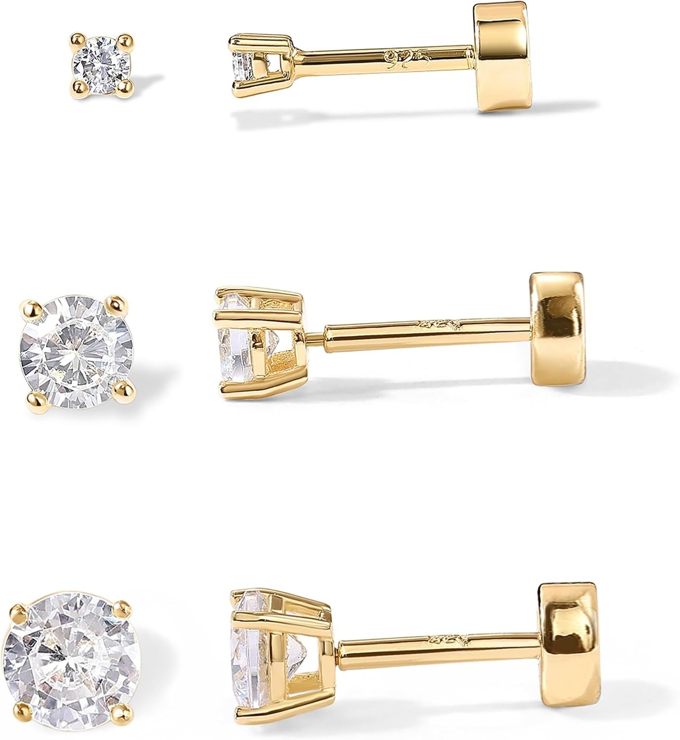 PAVOI Flat Back Stud Earrings for Women, 14K Gold Plated CZ Cartilage Studs | Hypoallergenic Helix Earrings, Screw Back Tragus Earrings for Women