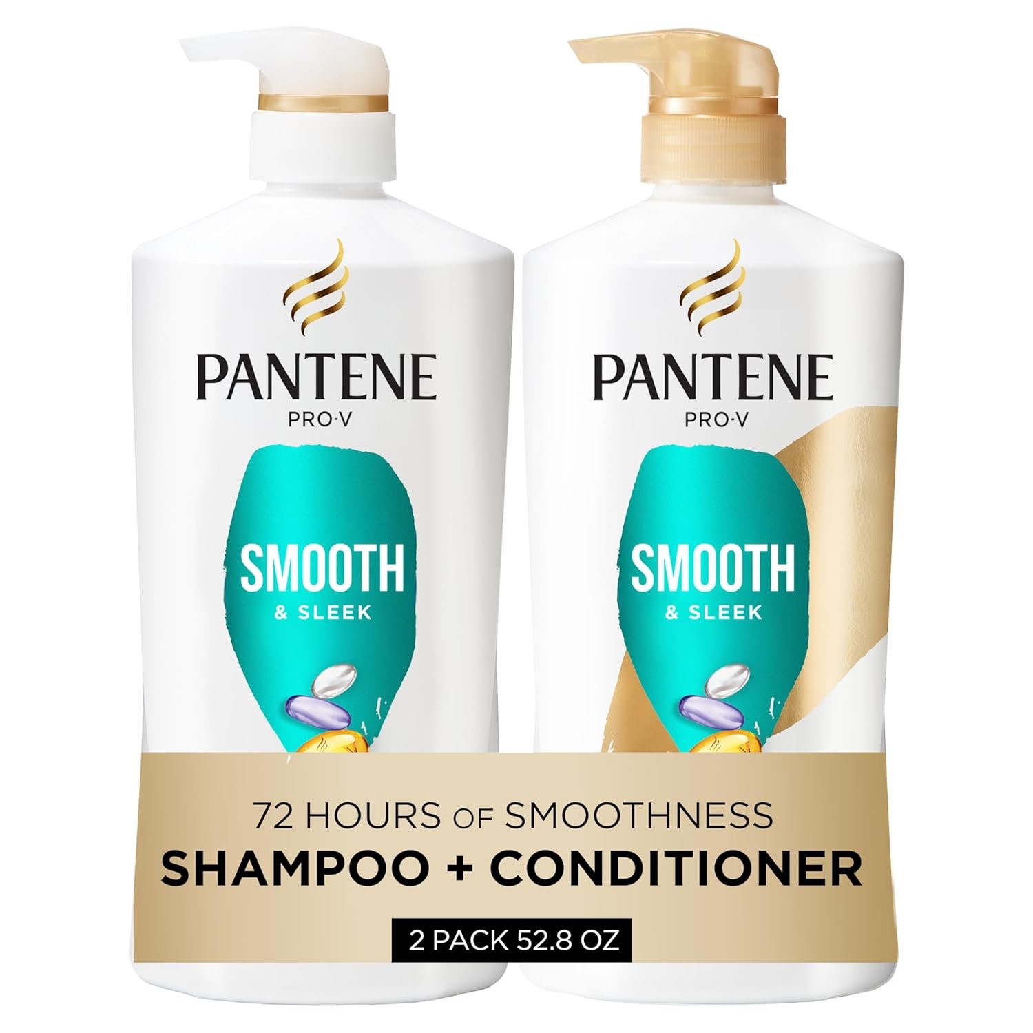 Pantene Shampoo & Conditioner Set, Smooth and Sleek – Frizz Control with Antioxidants, Nourishing for All Hair Types – Curly, Dry, Color-Treated, 52.8 Oz Total + Miracle Rescue Shot (0.5 Oz)
