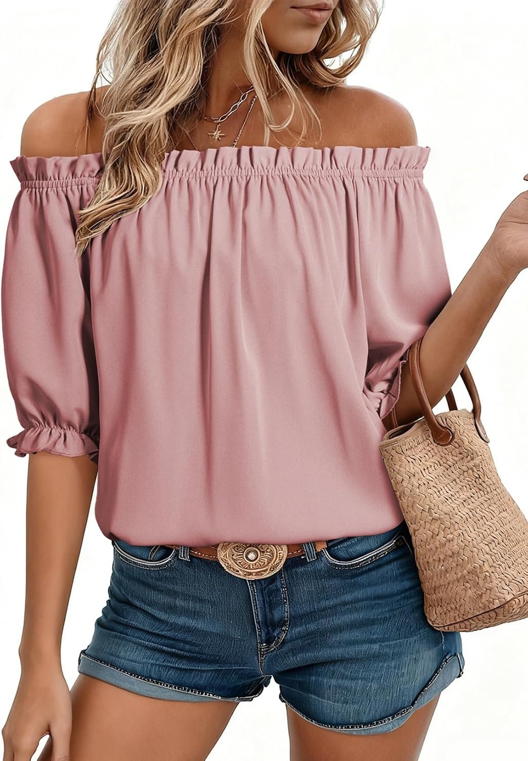 EVALESS Womens Off Shoulder Tops Puff Sleeve Country Concert Outfits