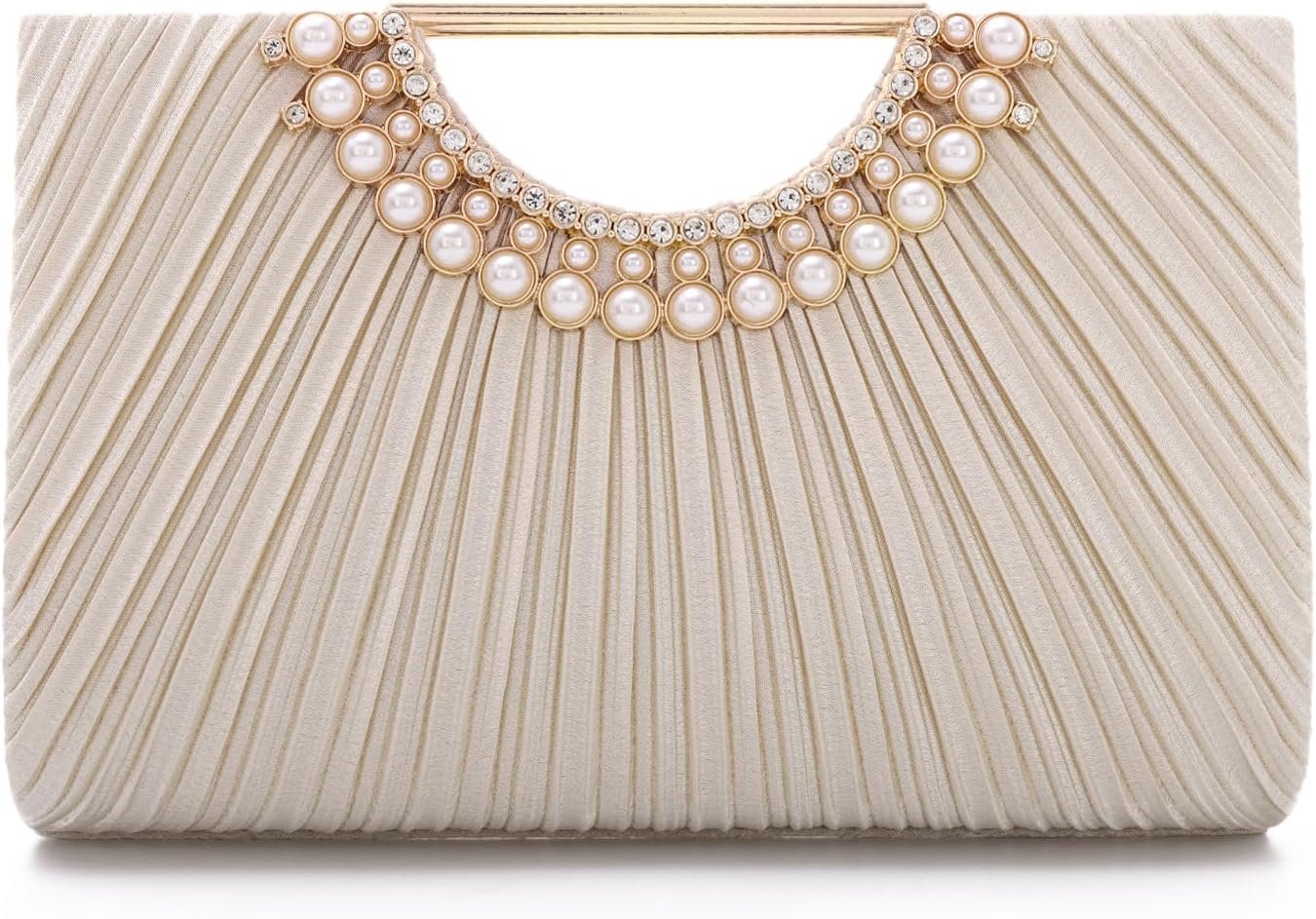 Emprier Pleated Satin Clutch for Women, Elegant Evening Bag fits Large Smartphones, Formal Wedding Purse with Chain