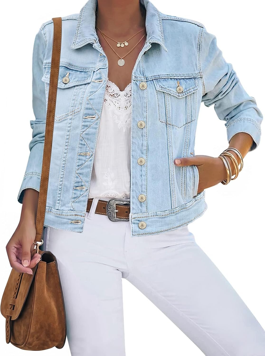 luvamia Women’s Basic Button Down Stretch Fitted Long Sleeves Denim Jean Jacket