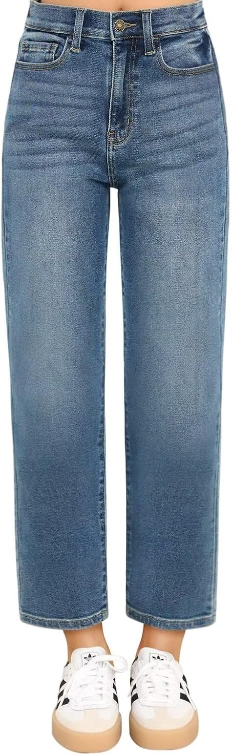 KDF Women’s Cropped Straight Leg Jeans – High Waisted Jeans for Women 7/8 Length Denim Pants with Crop Hem