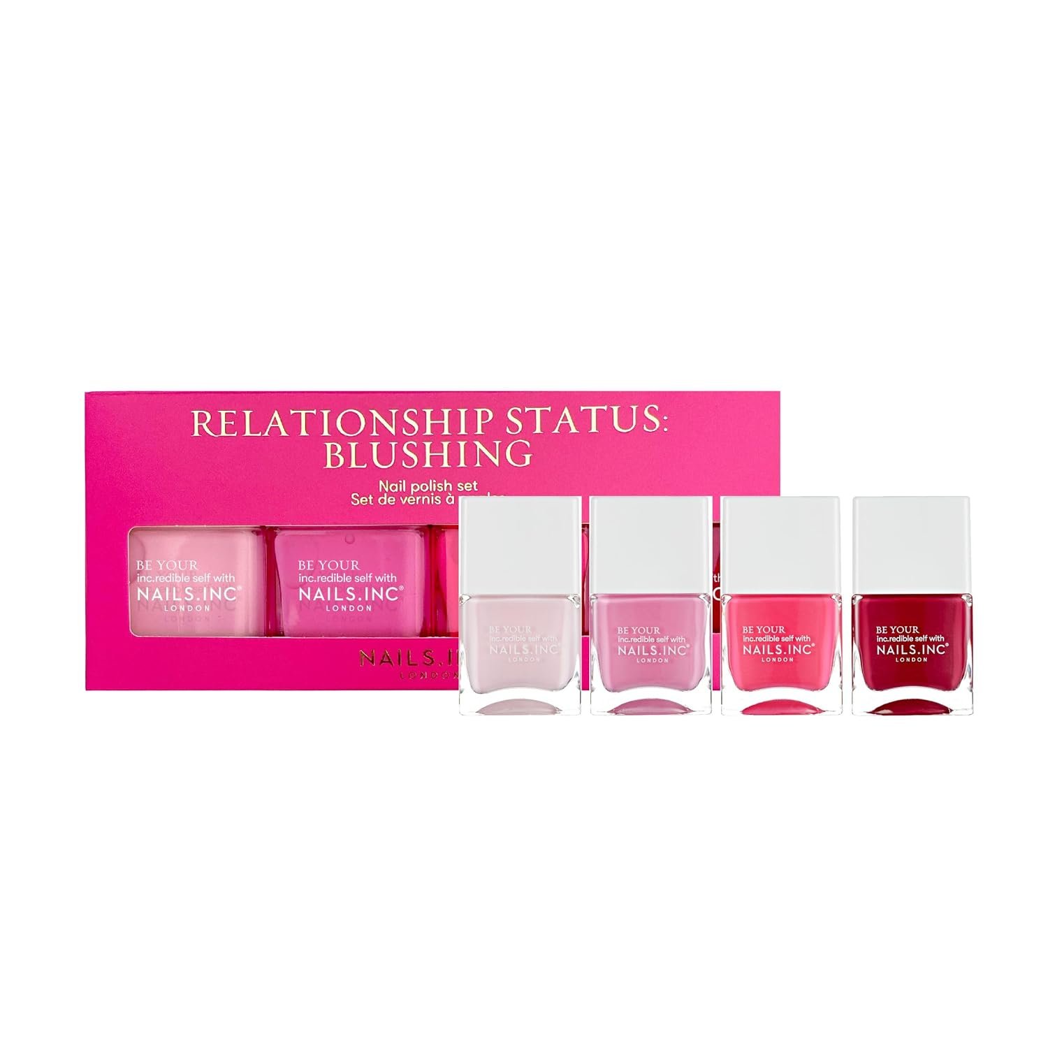 Nails Inc Relationship Status Blushing Pink Nail Polish Quad, 4 Piece Set | 4-piece gradient kit features vegan, air-dry formulas for chip-resistant salon manicures at home.