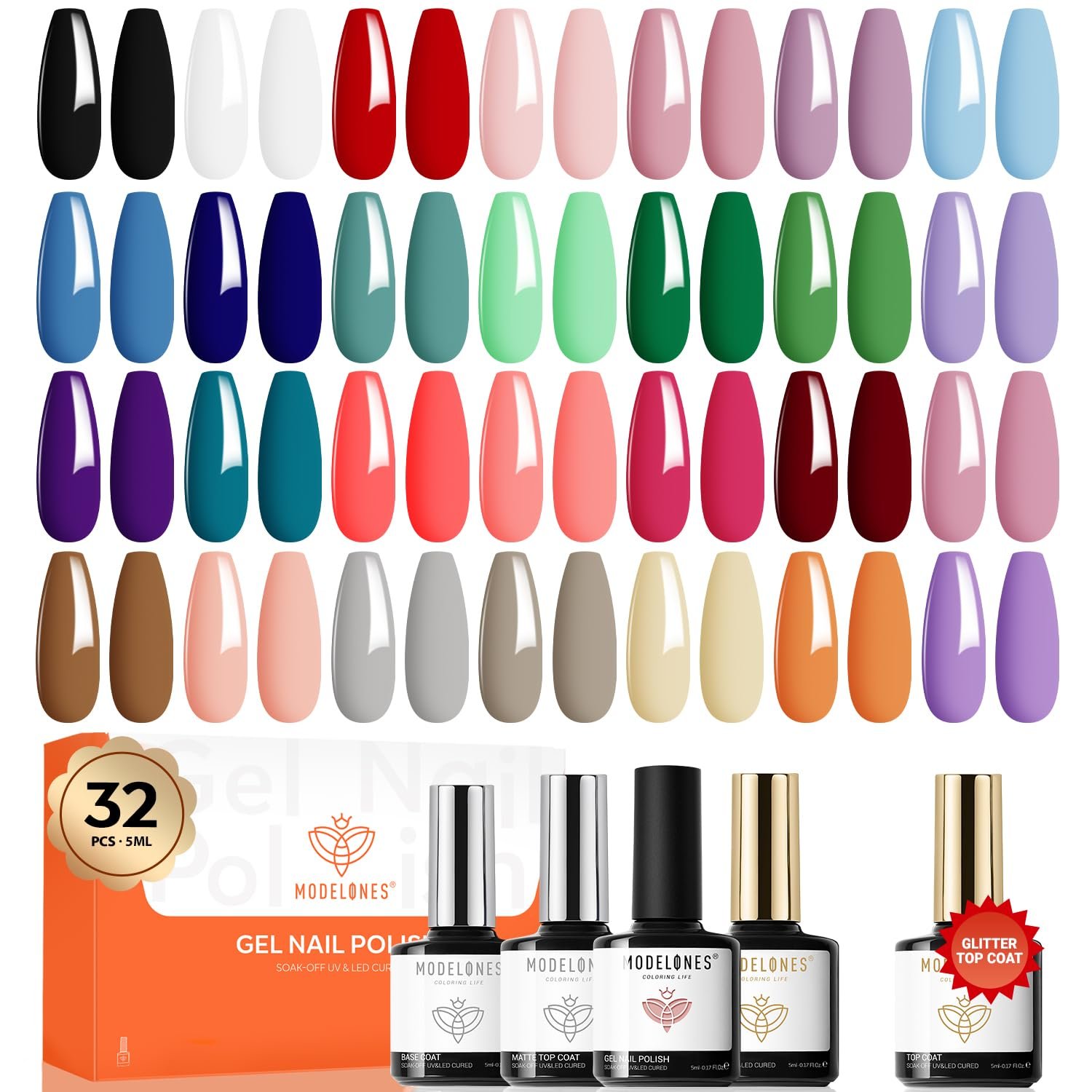 modelones Gel Nail Polish Set Glitter 32PCS 28Colors Red Purple Black