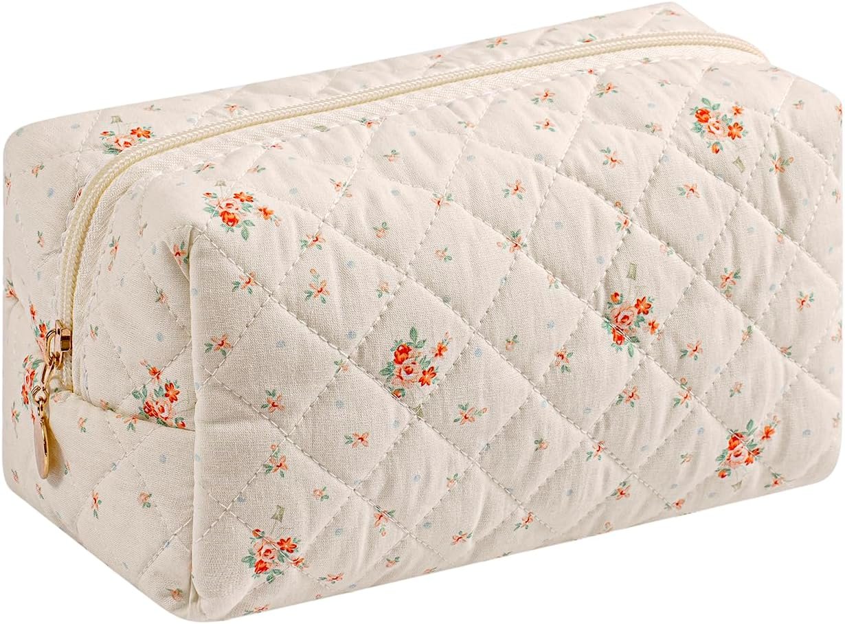 Makeup Bag Travel Cosmetic Bag for Women Girls, Zipper Make Up Pouch, Floral Flowers Toiletry Organizer Makeup, Portable Storage Bag, Cosmetic Travel Cloth Bag (White Small Flower)