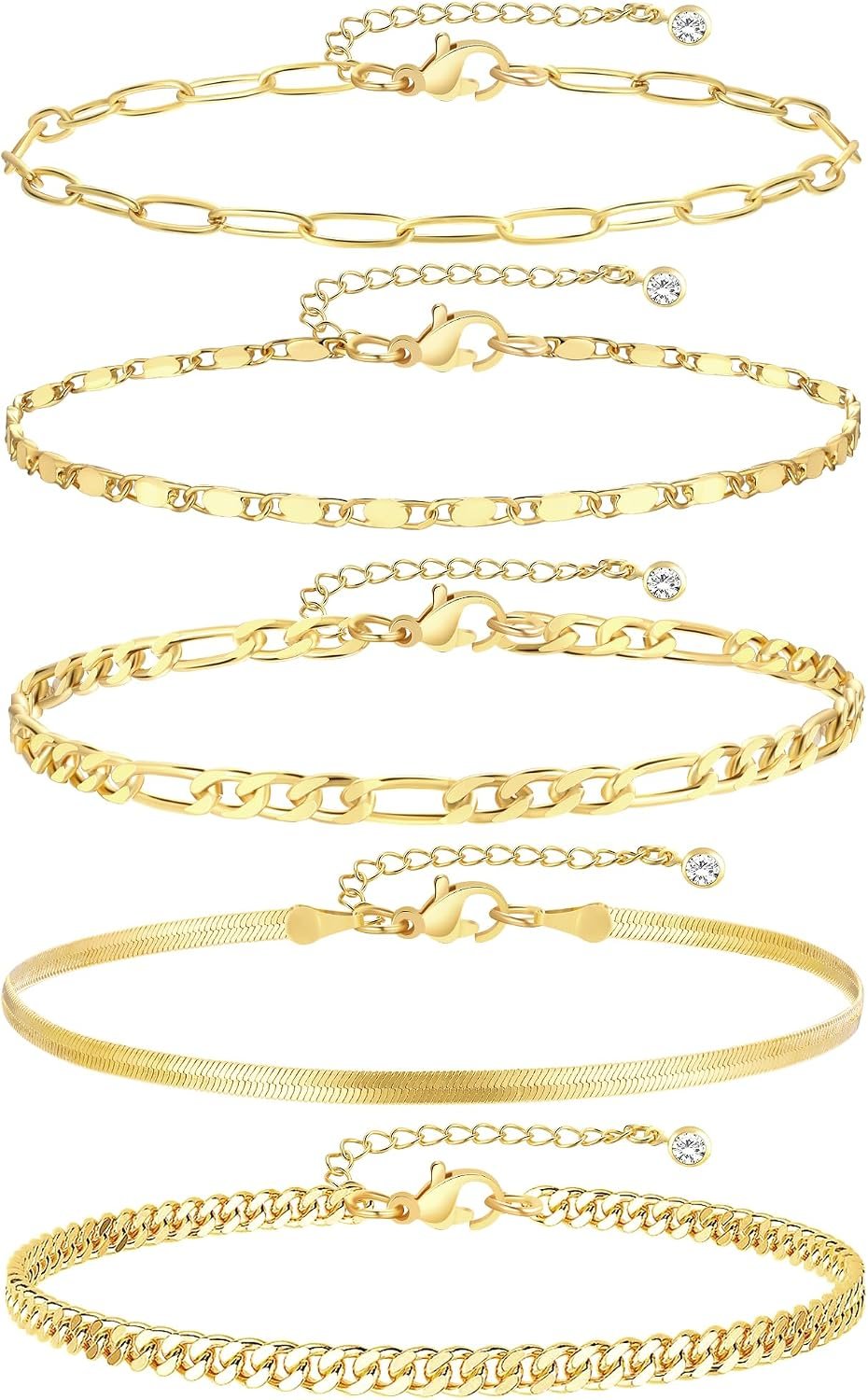 iF YOU Gold Ankle Bracelets for Women, 14k Gold Plated Waterproof Cuban Link Chain Anklets Set, Layered Anklet Bracelets for Women Beach Gift Adjustable Size 5pcs