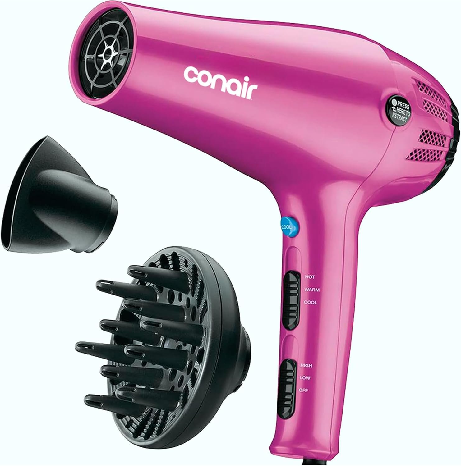 Conair Hair Dryer with Diffuser and Concentrator, 1875W, Pink