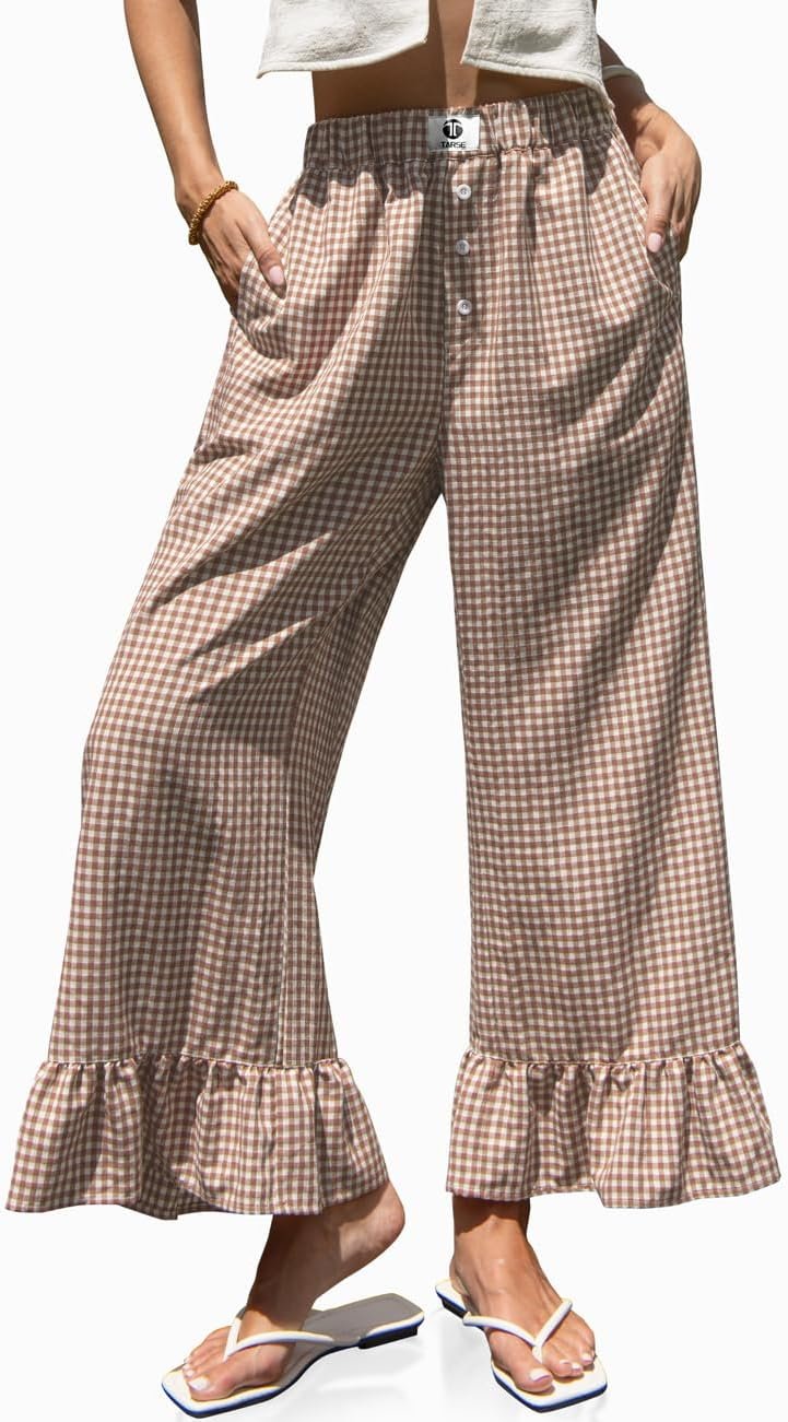 TARSE Womens Gingham Wide Leg Pants High Waist Ruffle Hem Trousers | Linen Blend, Plaid Striped Flared Leg Baggy Elastic Waist Palazzo Pants, Lounge Summer Beach Travel with Pocket