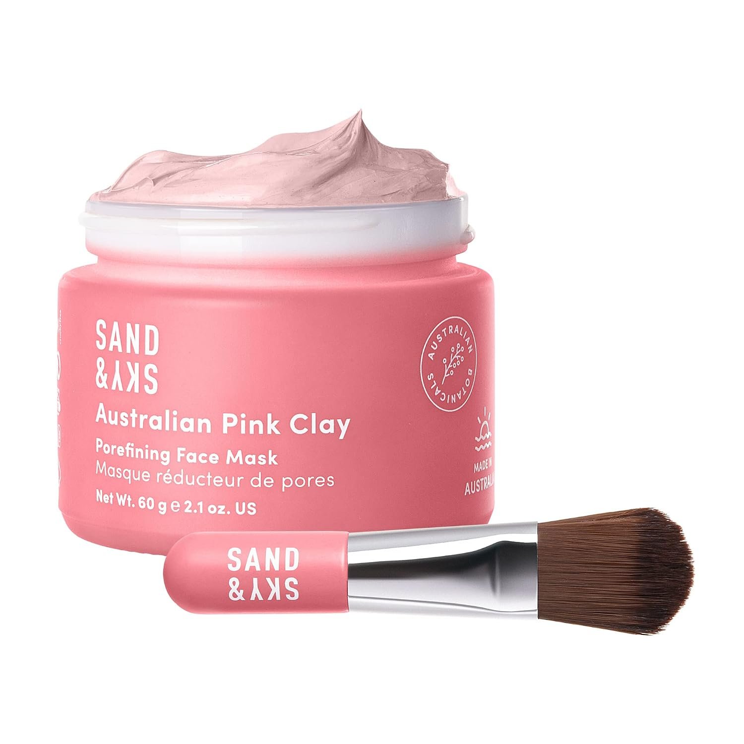 Sand & Sky Clay Mask for Face Pore Minimizer – Australian Pink Clay Detoxifying Face Mask for Pores, Kaolin Clay Mask, Brightening Vitamin C Formula, Brush Included