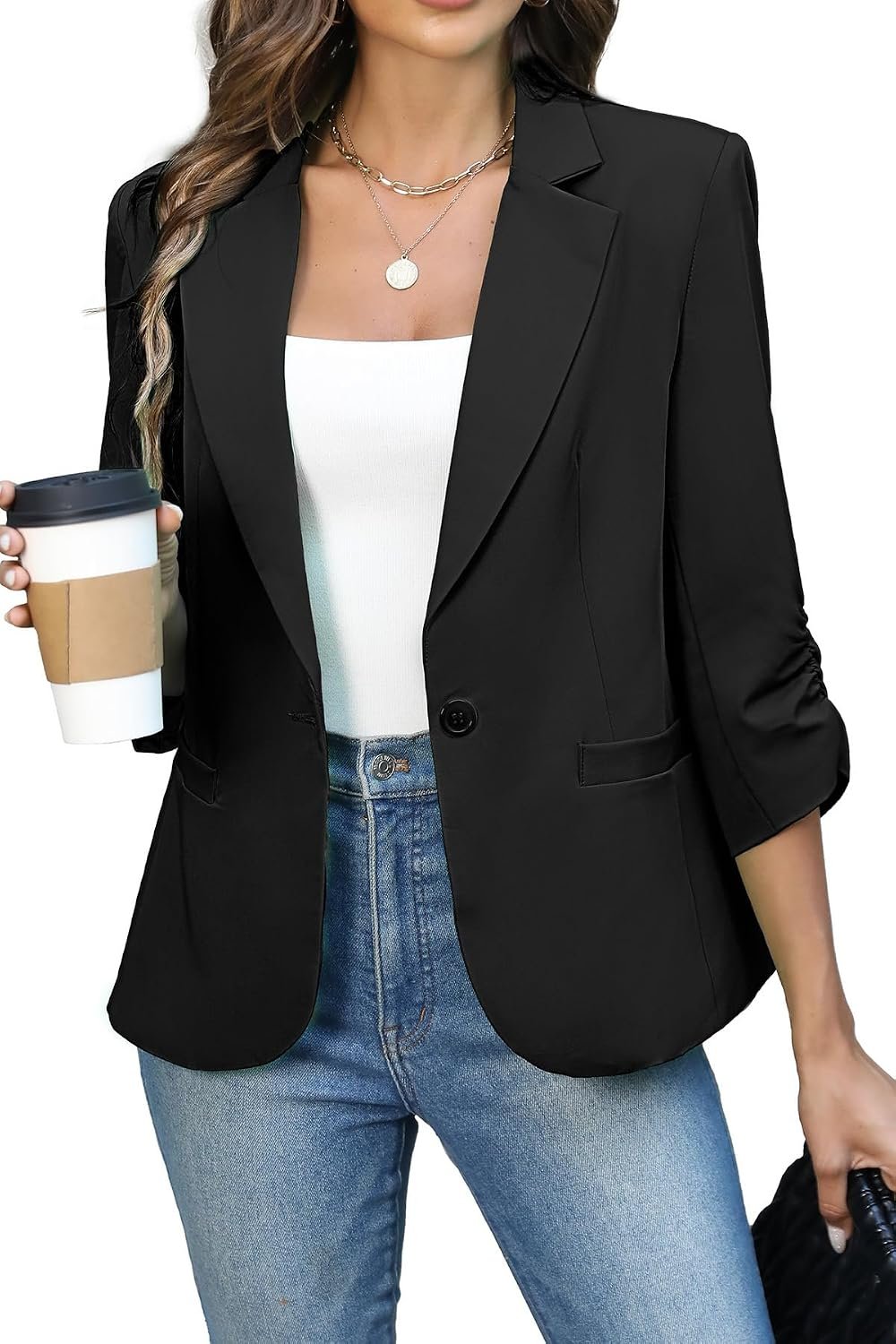 ELLEVEN Women’s Ruched 3/4 Sleeve Blazer, Lightweight Fitted Jacket