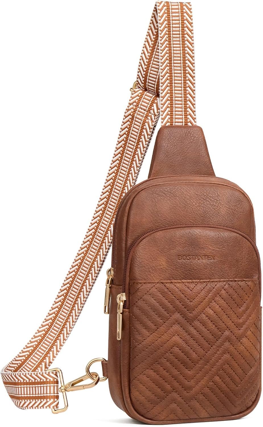 BOSTANTEN Sling Bag Quilted Crossbody Bags for Women Leather Fanny Pack | Adjustable Wide Guitar Strap, Multi Pockets, Multi Comfort Carrying, Card Slot, Cute Versatile for Travel Vacation Everyday