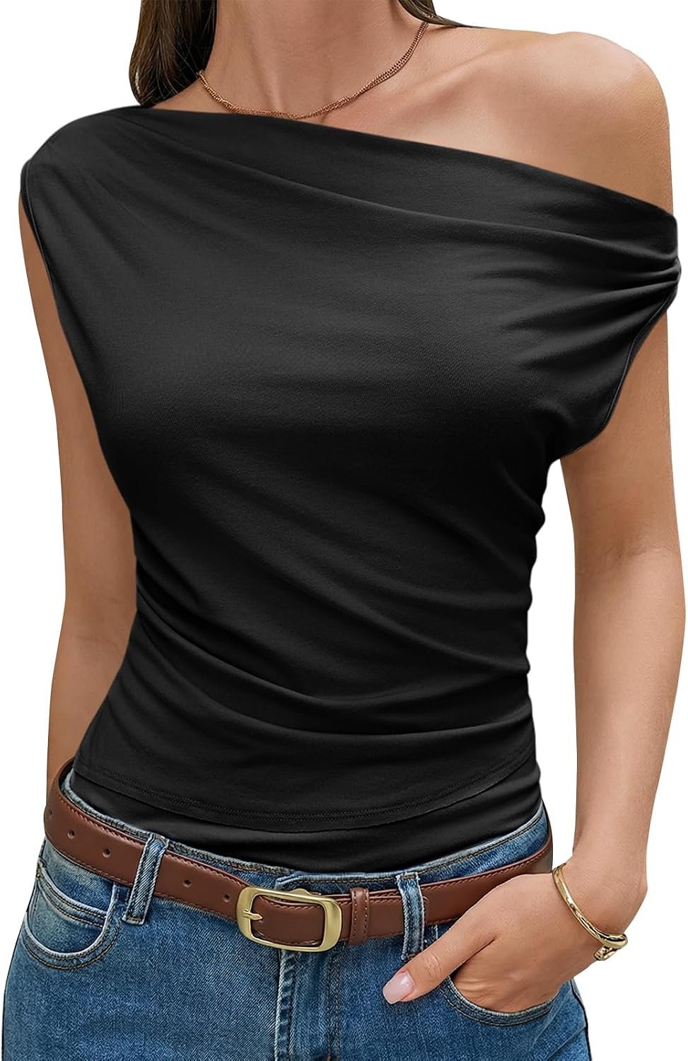 Cicy Bell Womens Summer Off One Shoulder Tank Tops Asymmetrical Ruched Tops
