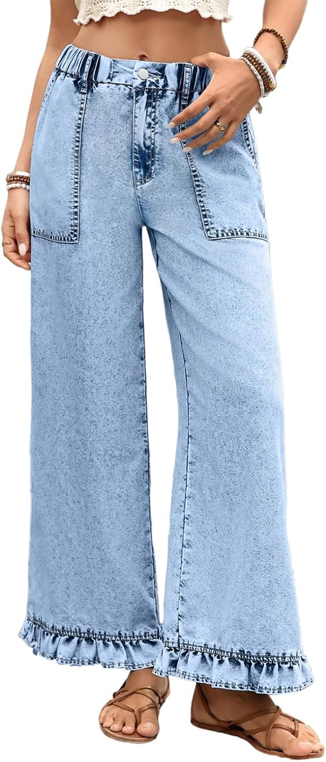 Astylish Wide Leg Jeans for Women Trendy Denim Jean Ruffle Hem Pants