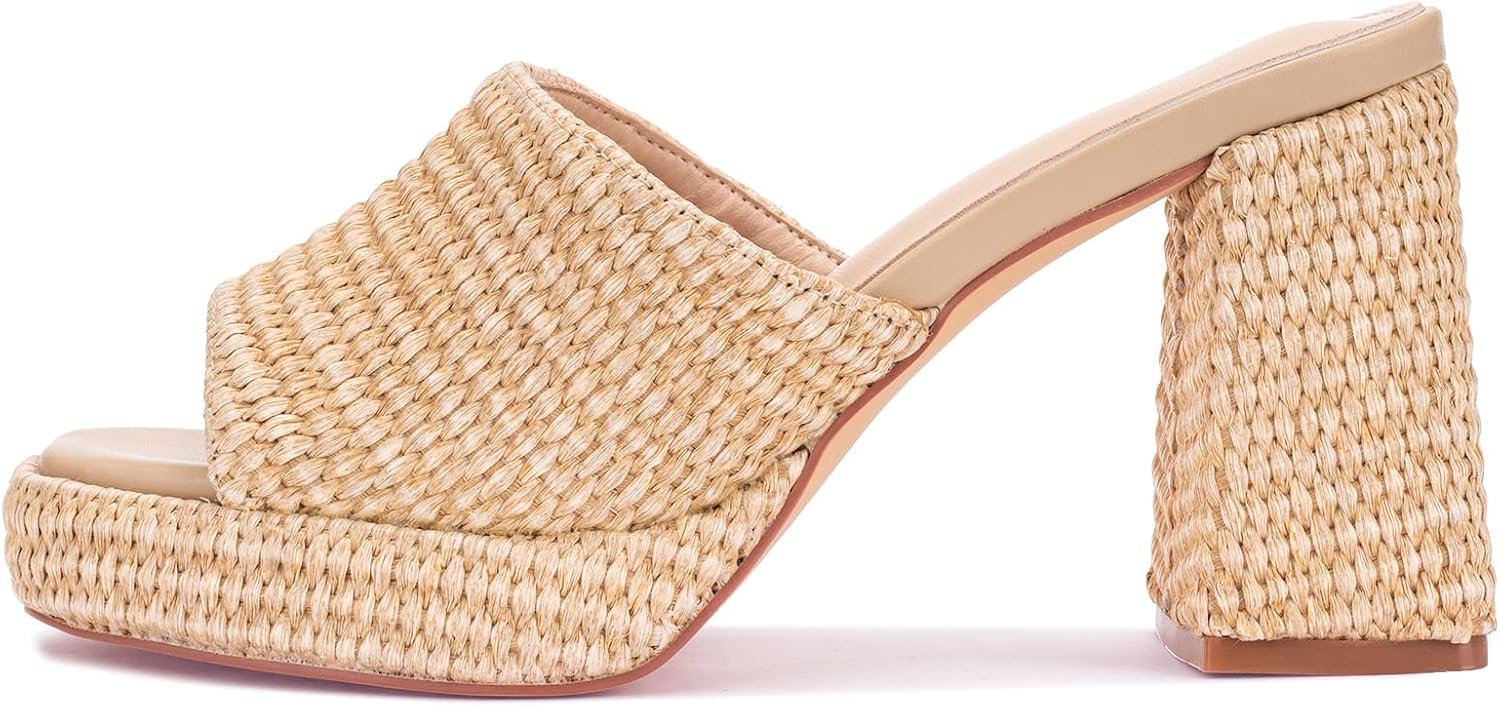 Monrovia Raffia Heeled Sandals for Women，Platform Wedge Slip On Block Heel, Dressy Summer Open Toe Chunky High Heel Vacation Beach Slides Sandals