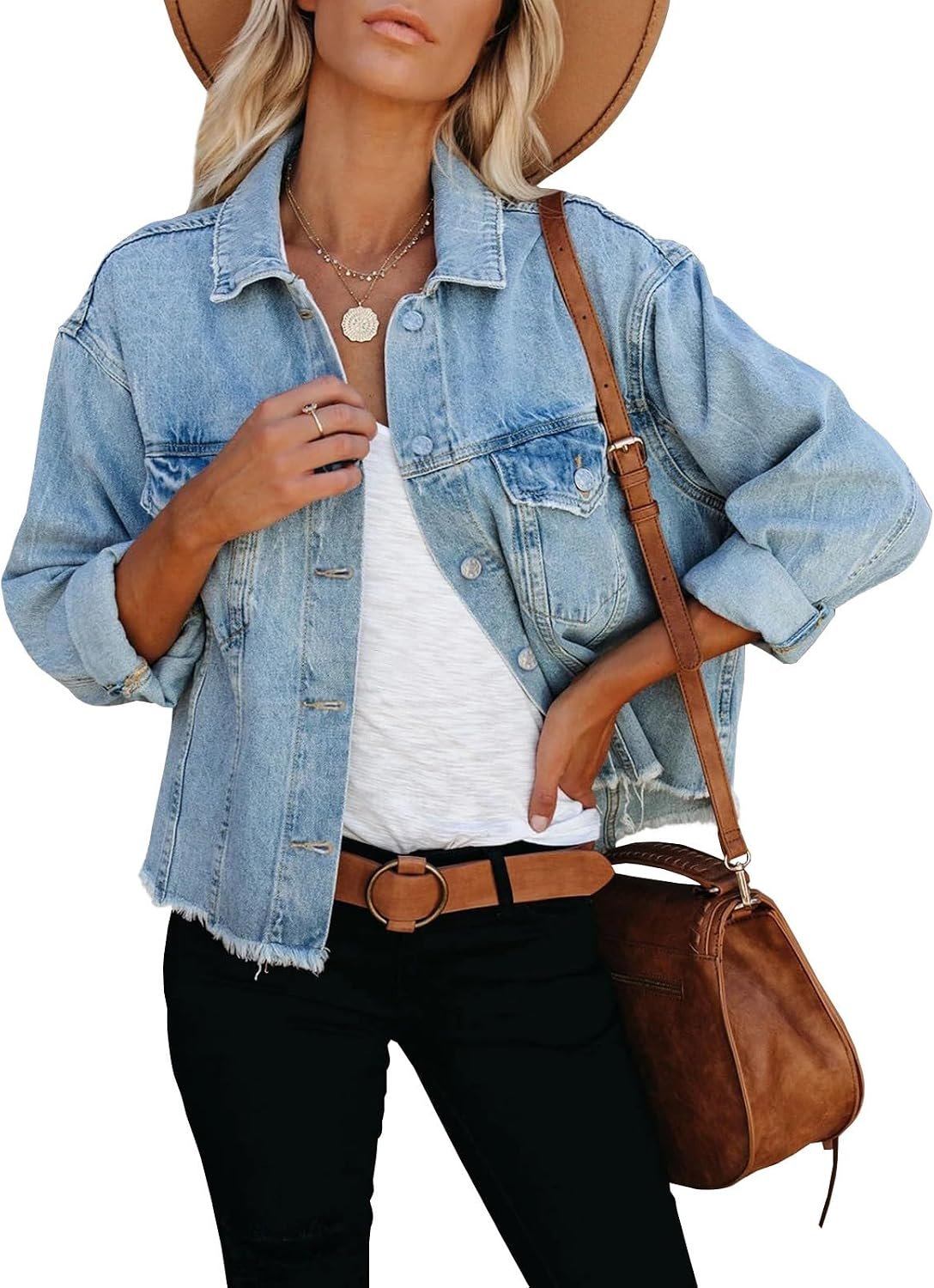 LONGBIDA Women’s Jean Jacket Frayed Washed Button Up Cropped Denim Jacket
