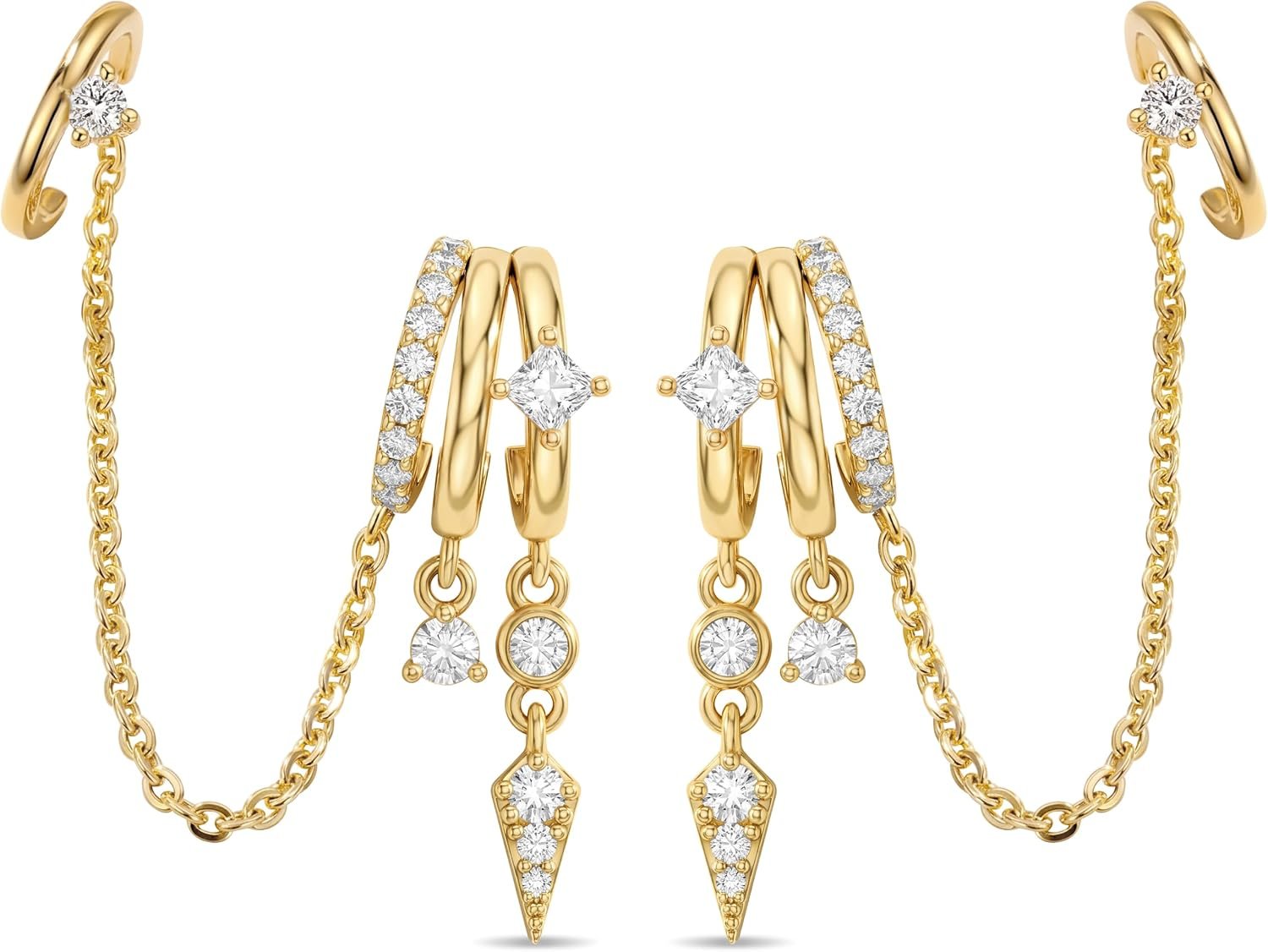 Triple Huggie Stacked Earrings for Women Gold Chain Drop Dangle Earrings Cute Statement CZ Earrings Trendy Dainty Jewelry Gift