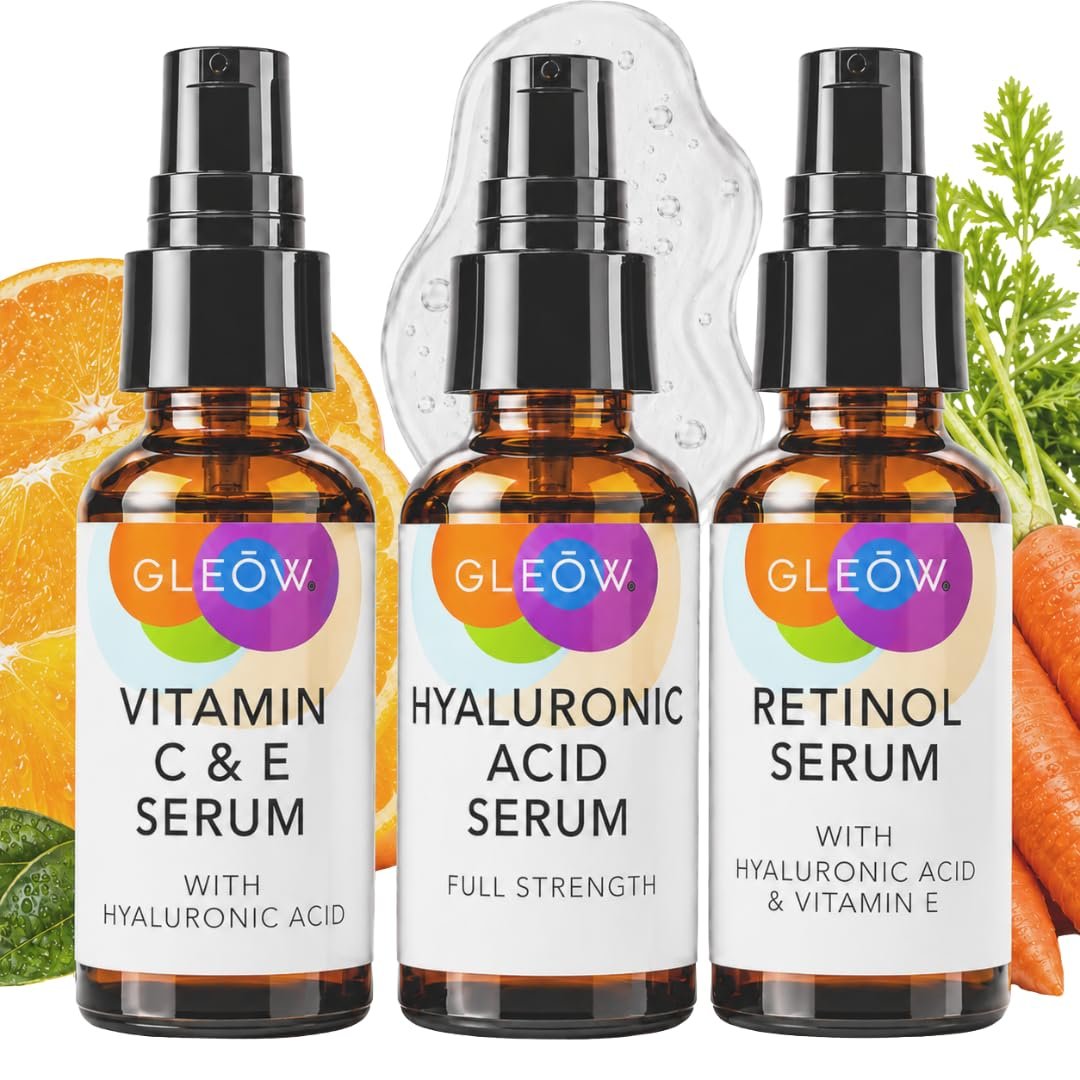 GLEOW Skincare Set: Retinol, Vitamin C, and 99% Hyaluronic Acid Serum, Face Serum Set Targets Appearance of Uneven Skin and Dryness, Total Package Serum Set 3×1 oz