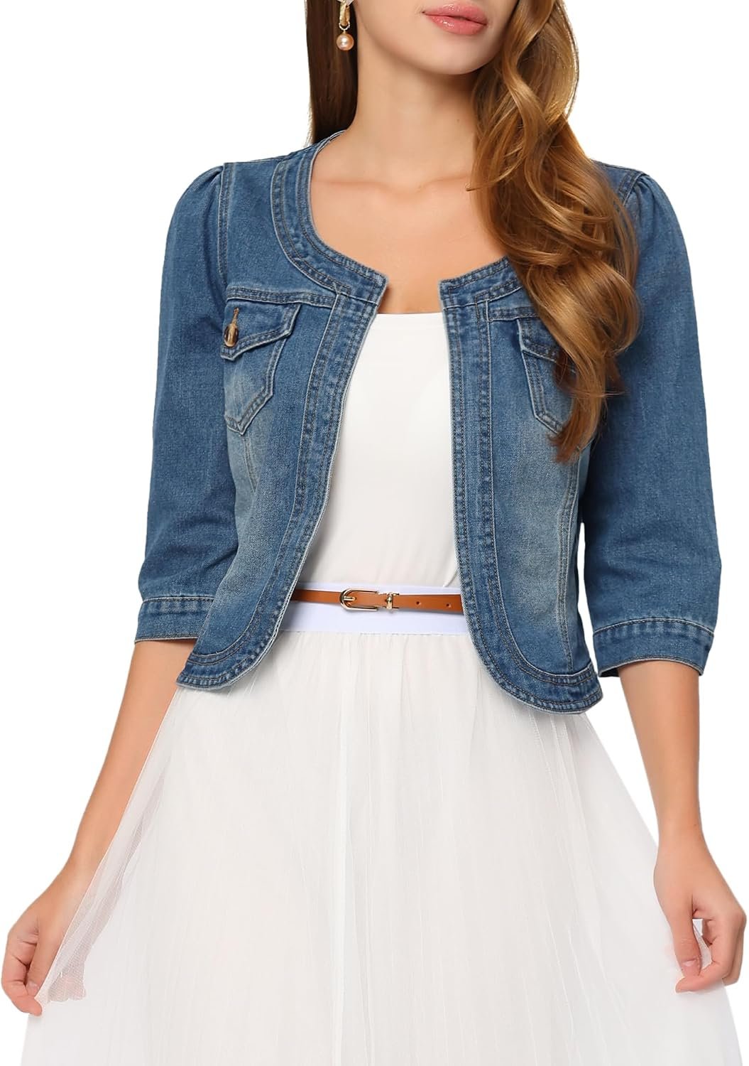 Allegra K Women’s Denim Cardigan 3/4 Sleeve Collarless Jean Jackets