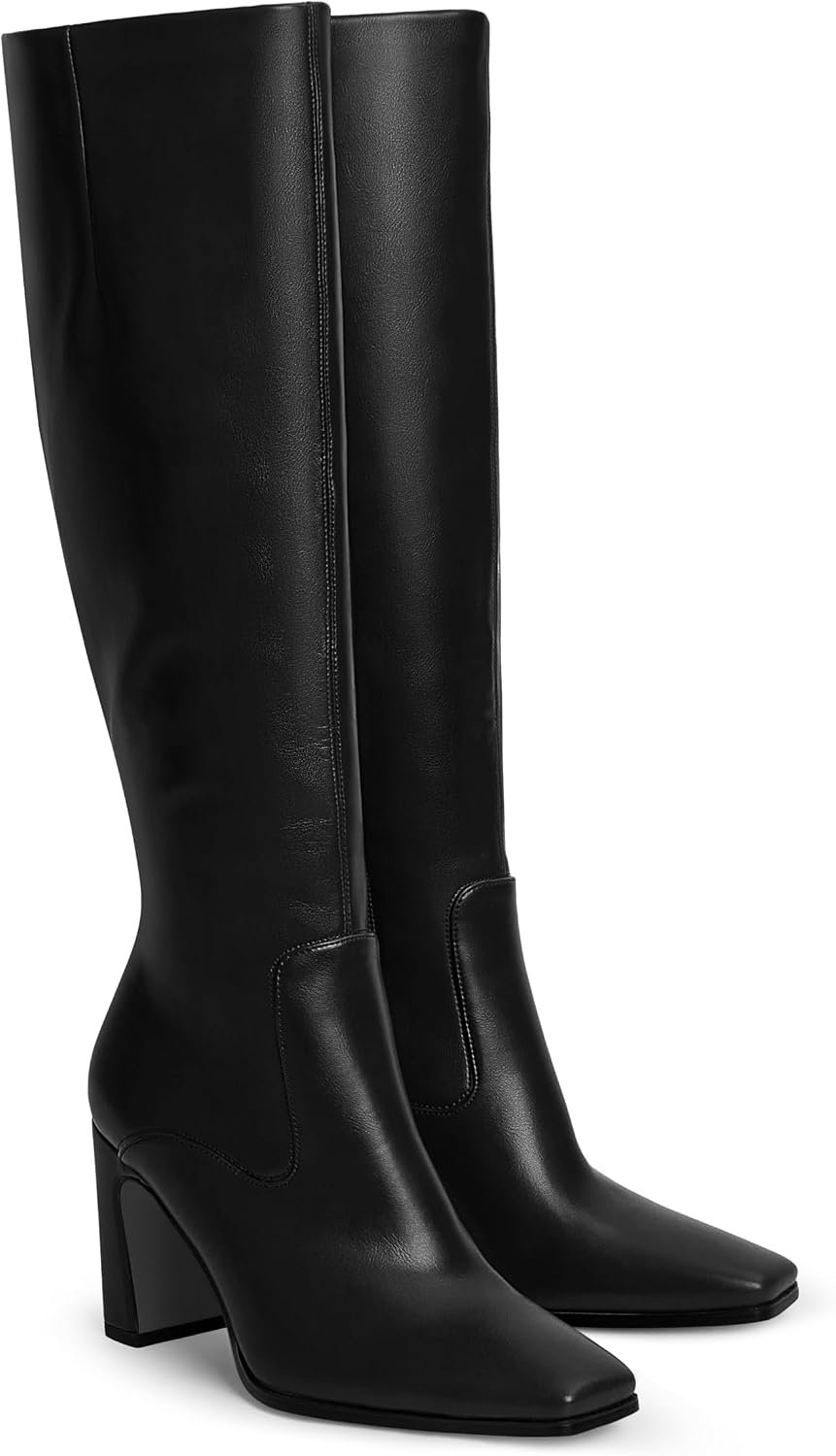 Knee High Boots for Women Square Toe Chunky Block Heeled Tall Boots with Side Zipper Fashion Dress Long Booties