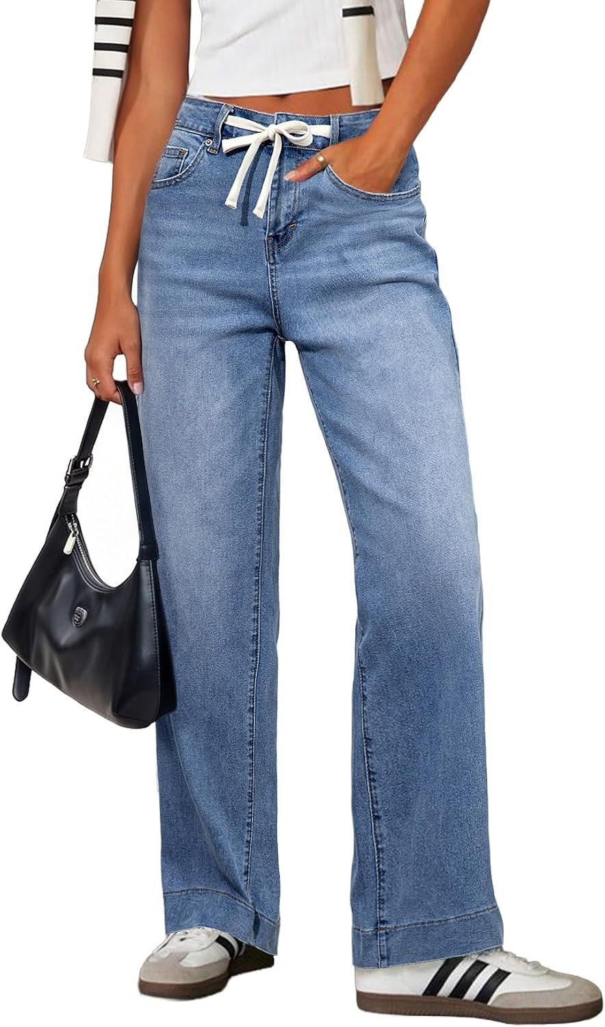 Sidefeel Women’s High Waisted Straight Leg Jeans Drawstring Denim Pants