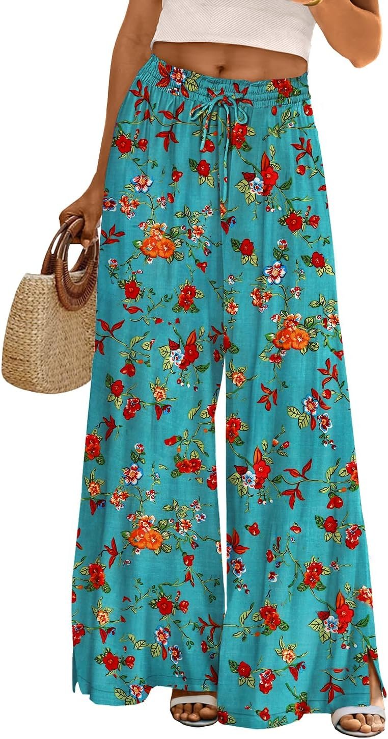 YESNO Women Summer Flowy Wide Leg Pants Drawstring Elastic Waist Casual Lounge Beach Palazzo Trouser with Pockets PPR