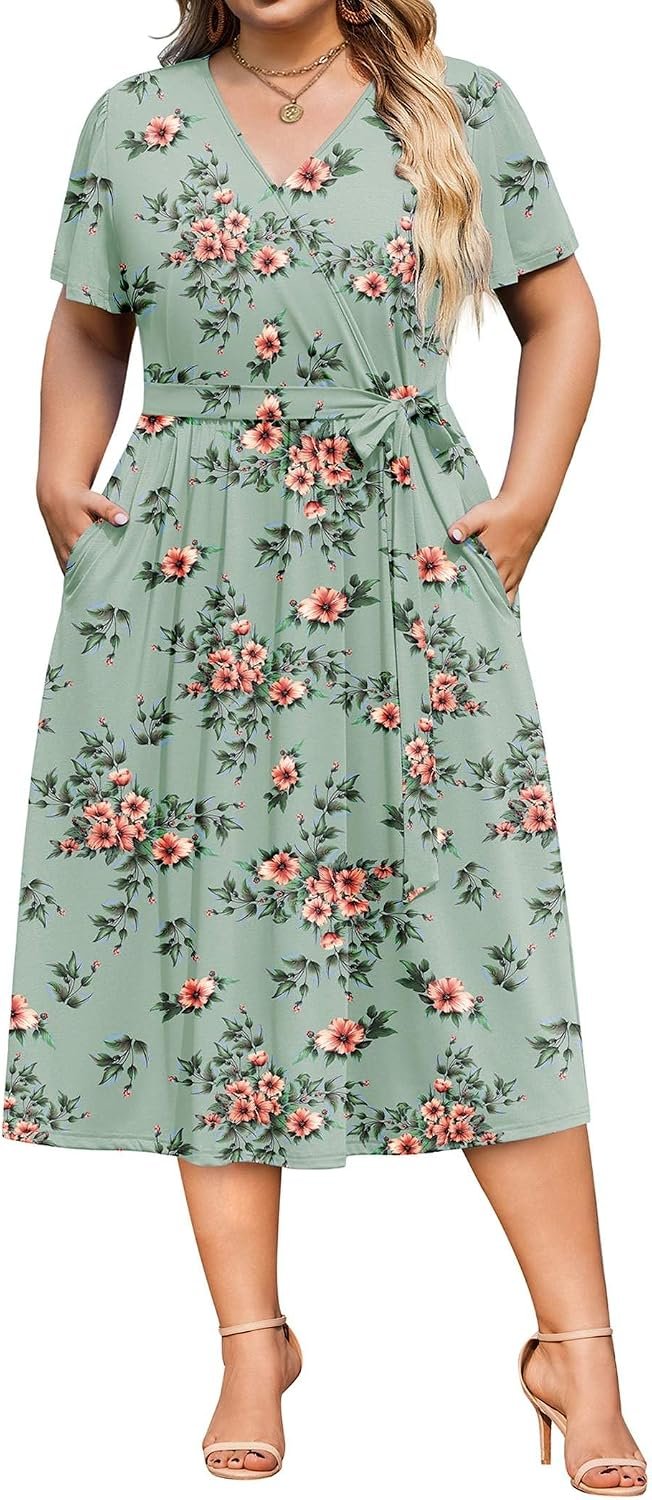 IN’VOLAND Women Plus Size Short Sleeve Dress Casual Wrap Vneck Midi Dress