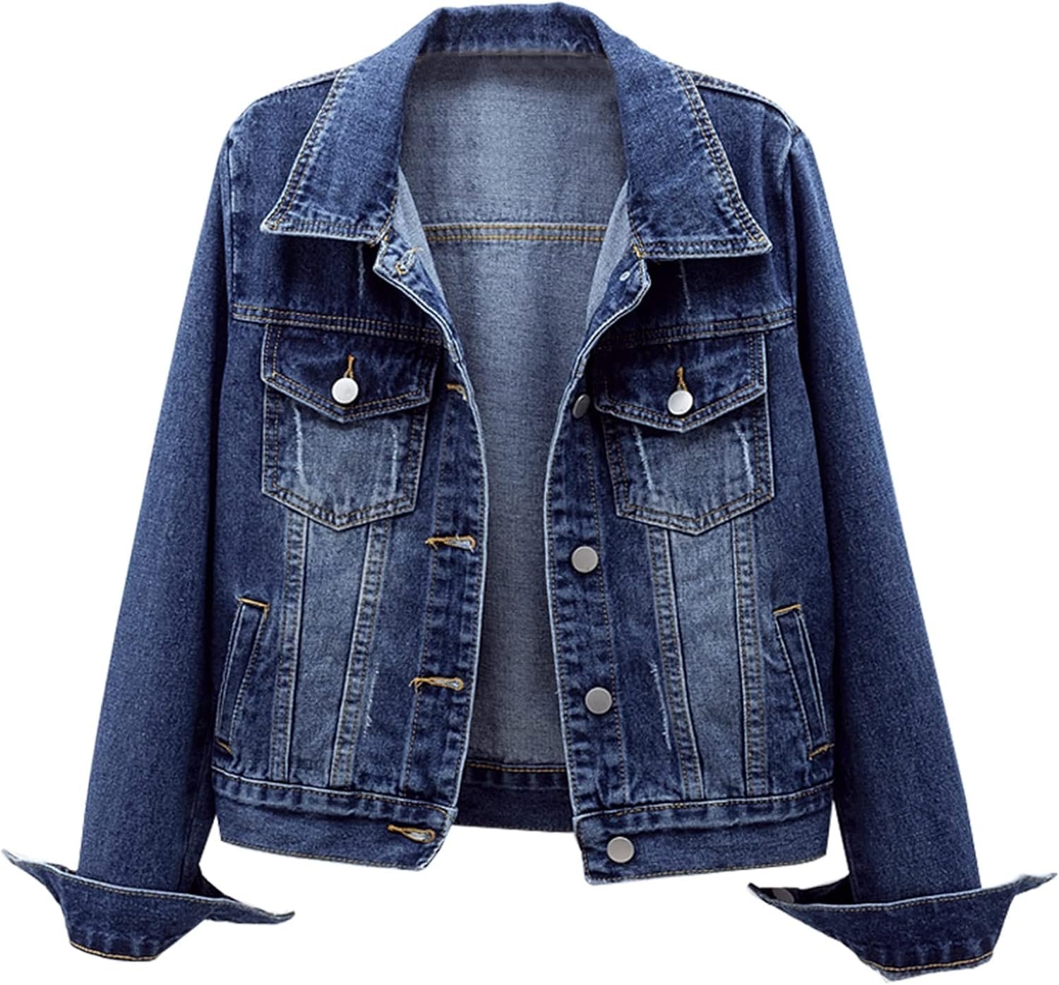 LifeShe Women’s Basic Long Sleeve Button Down Distressed Denim Jackets Jean Jacket Coat