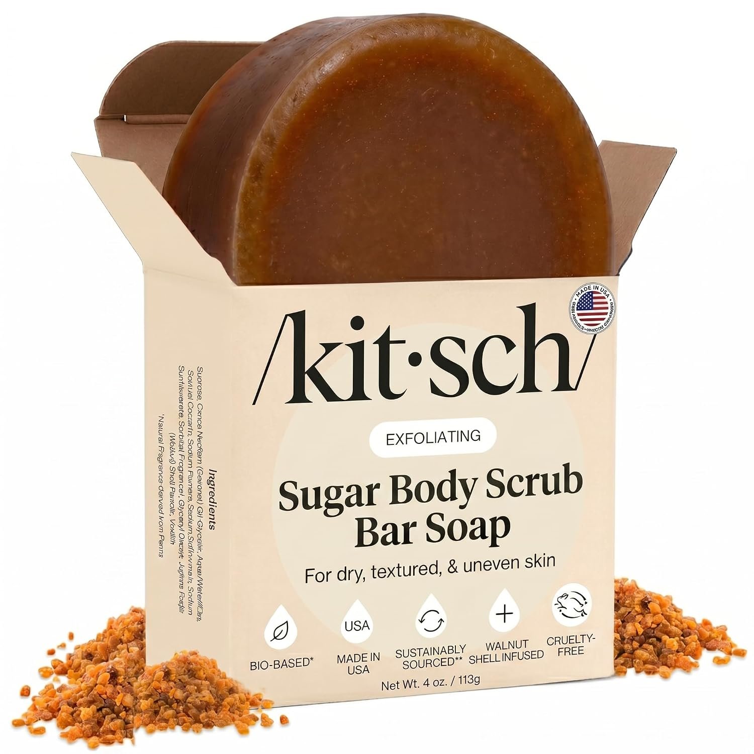 Kitsch Exfoliating Sugar Scrub Body Wash Bar Soap – Made in the USA, 4 oz