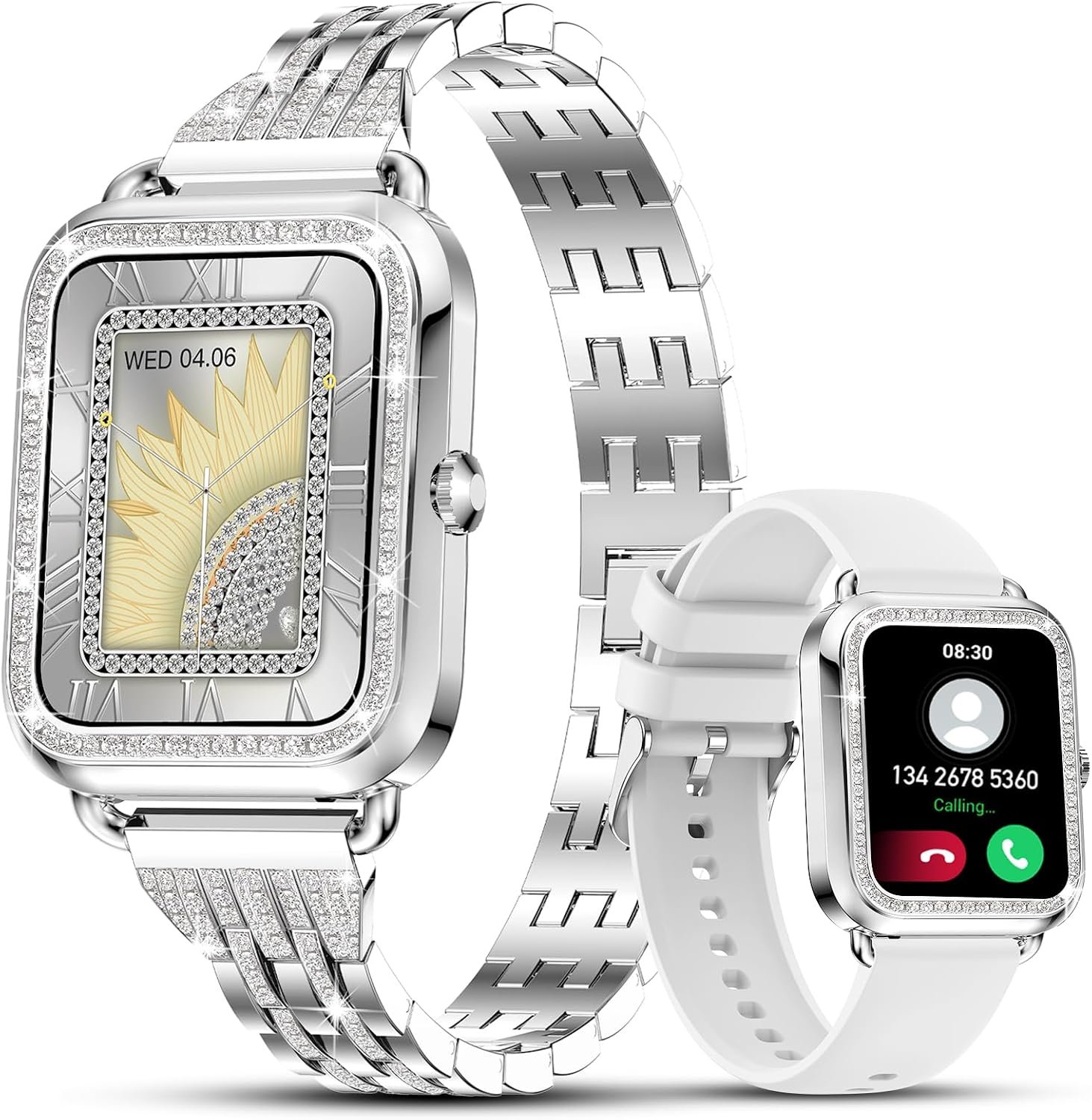 Efolen Smart Watches for Women with Diamonds (Answer/Make Call), 1.57” Bluetooth Smartwatch for Android iOS Phones, Waterproof Fitness Tracker with Heart Rate/SpO2/Sleep/BP/AI Voice (Silver)