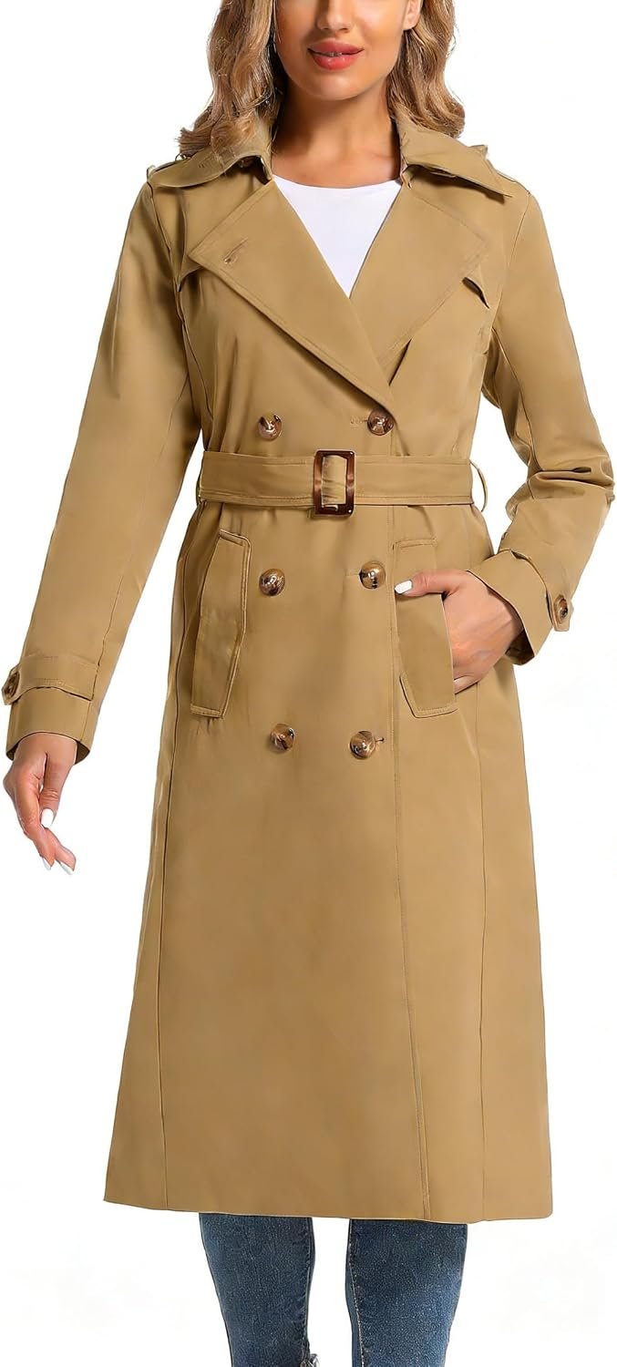 Women’s Waterproof Long Trench Coat Double Breasted Length Classic Lapel Belt Coat With Removable Hood